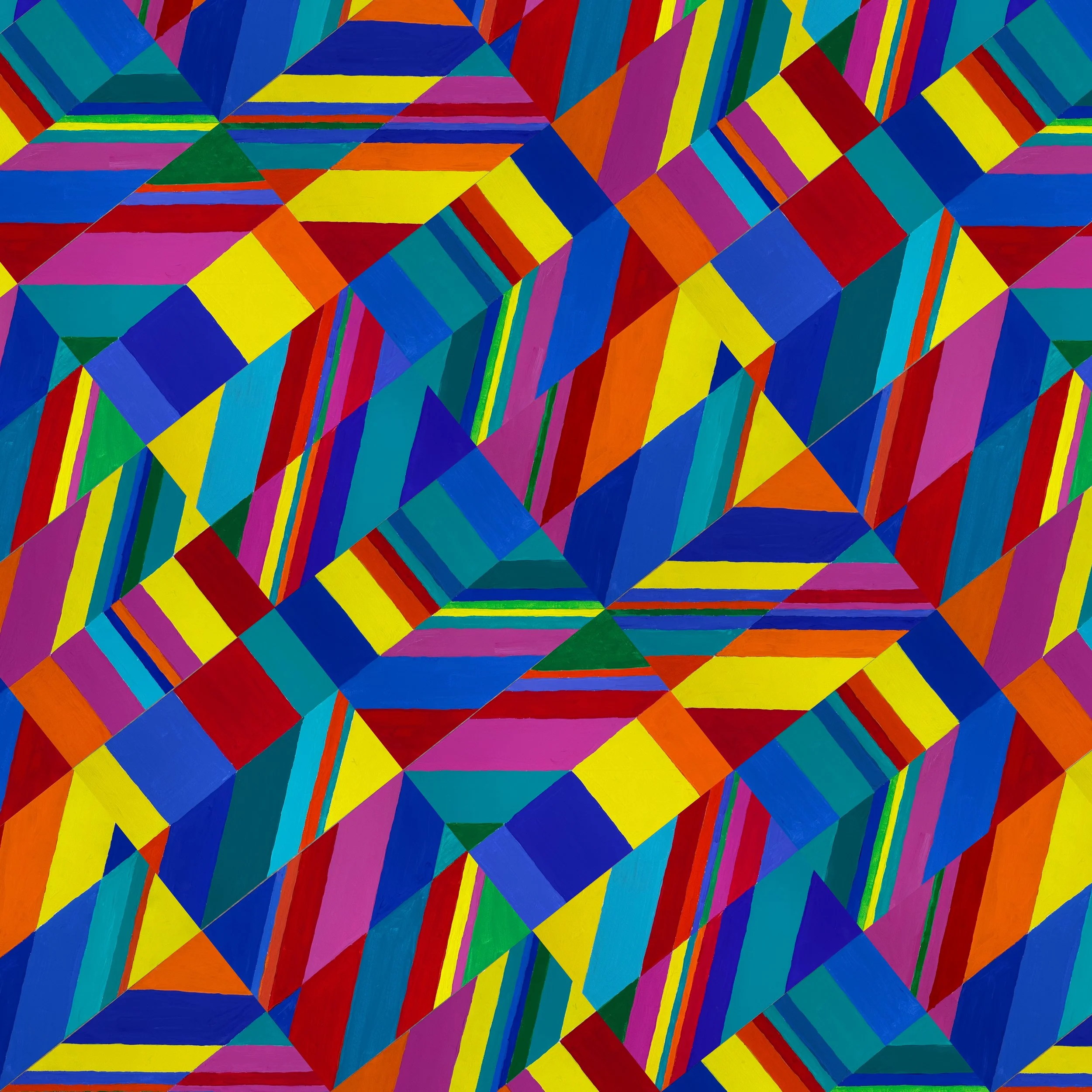 DRIFT NO. 11 - Acrylic on canvas board. Multiple panels, modified, drawing again on Pinwheel's optical logic. The complexity here comes not from color variety but from multiplication, the surface pushed until it hums. Another exercise in controlled c
