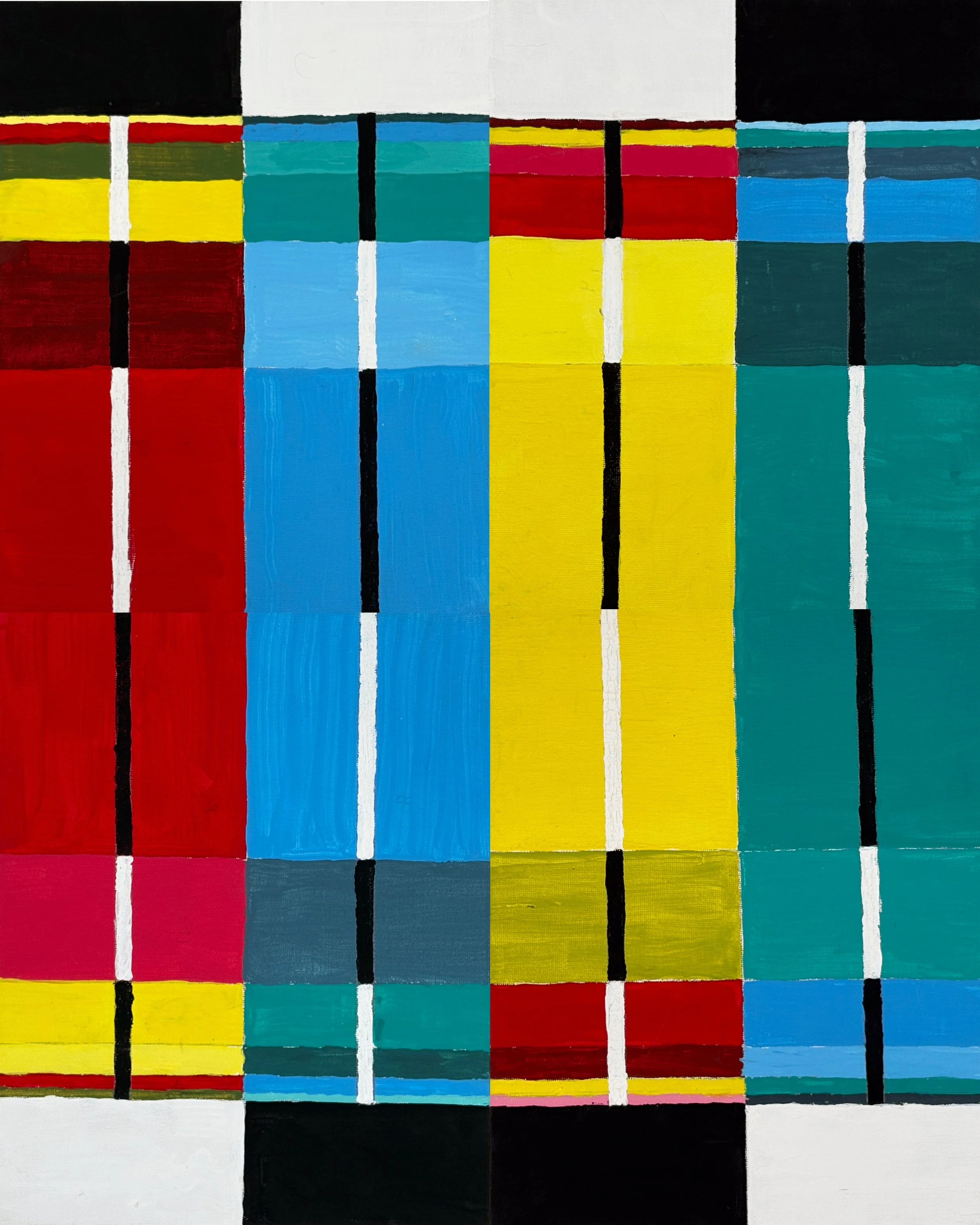 FIELD NO. 5 - Acrylic on canvas board.  Four panels, unmodified. The most open and architectural of the early works, large vertical color columns in red, blue, yellow, and teal fill the frame, with black corners anchoring the top and bottom. There is