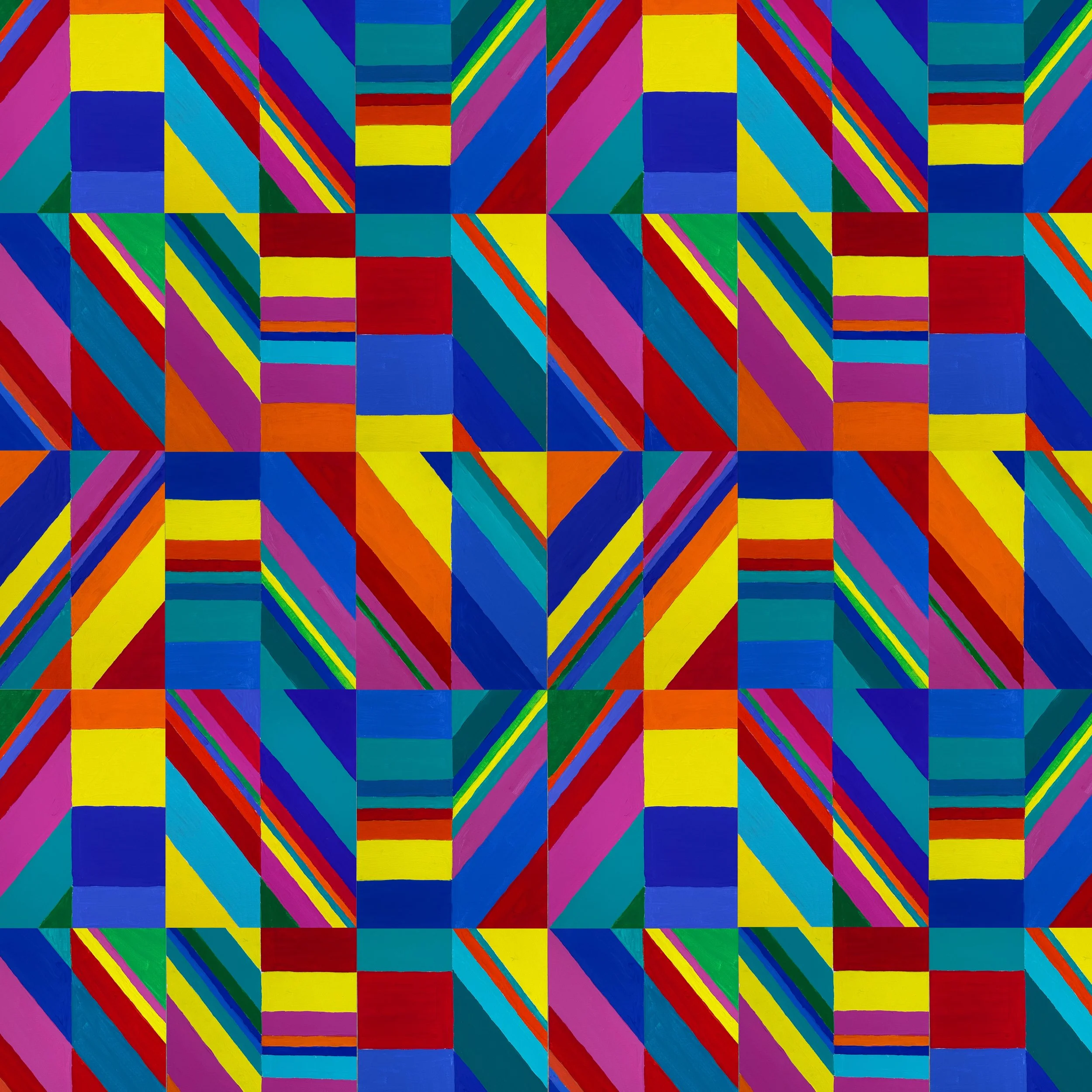 DRIFT NO. 10 - Acrylic on canvas board. Multiple panels, modified. The collection's most complex and kinetic work, interlocking diamonds and chevrons with nowhere to rest and no clear resolution. A nod to controlled chaos, without comment on whether 