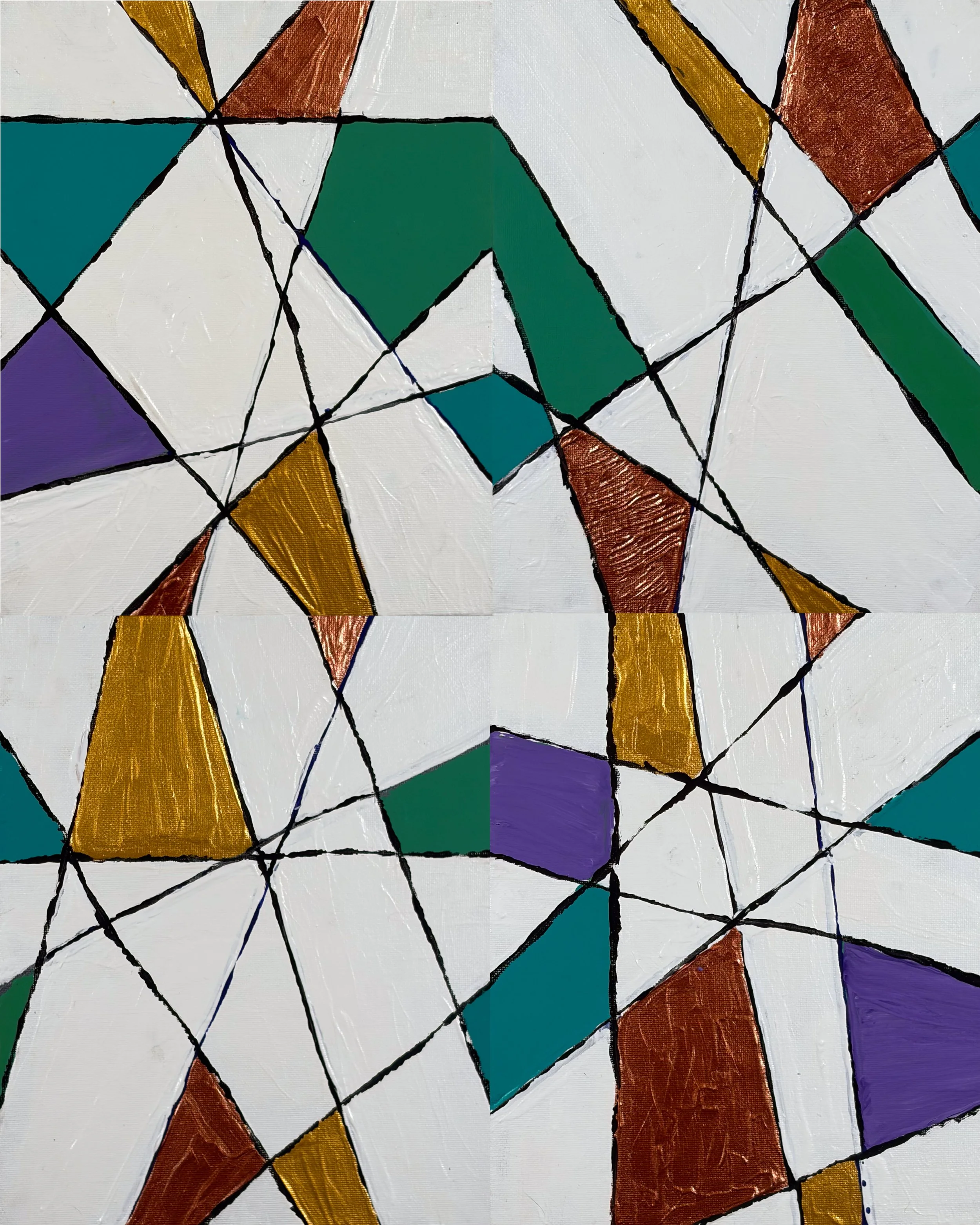 TABLE NO. 13 - Acrylic on canvas board. Four panels explore the interplay of geometric forms, bold color, and expressive linework. Rich greens, ochres, teals, purples, and earthy oranges emerge against a light ground, creating a dynamic balance of mo