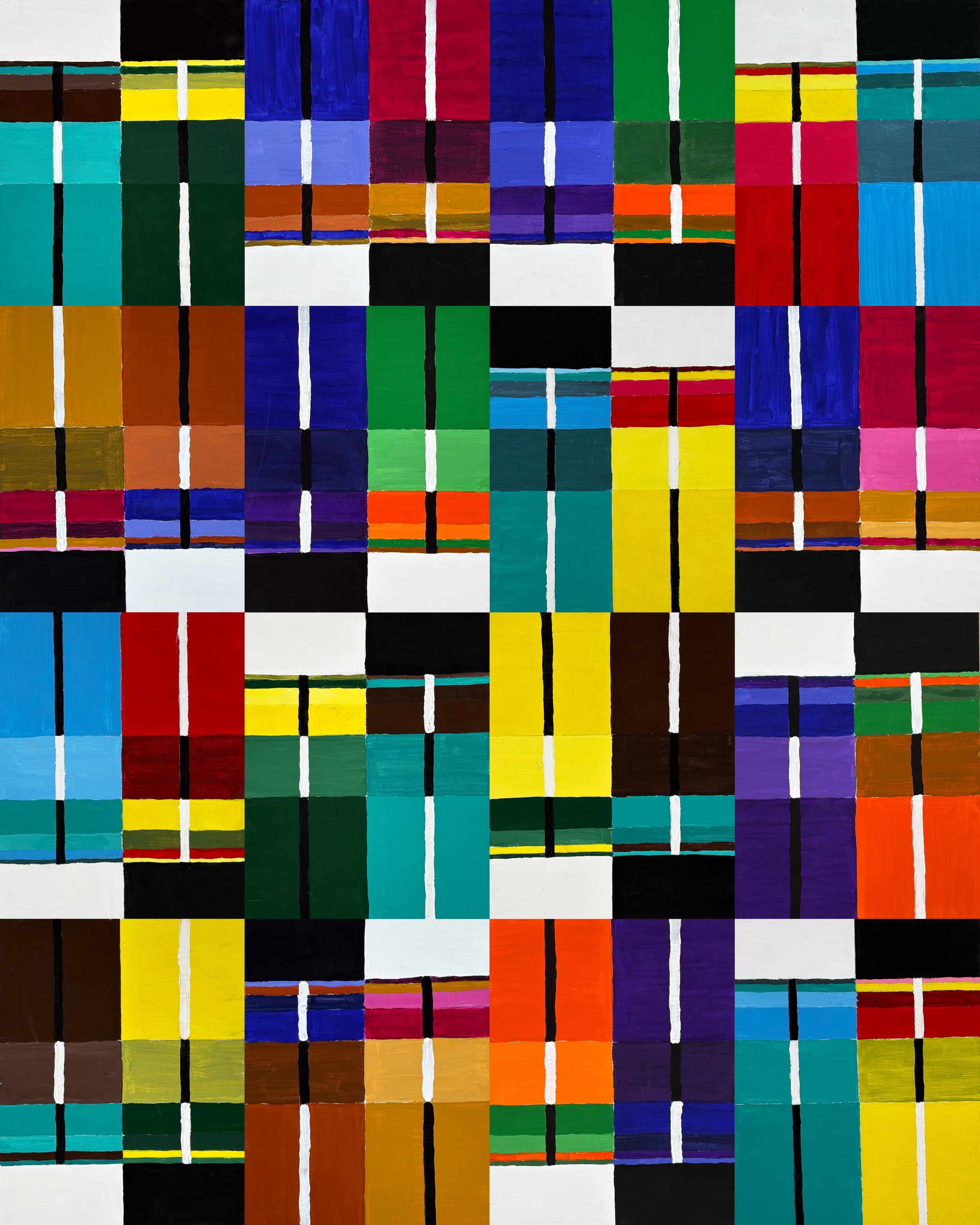 FIELD NO. 9 - Acrylic on canvas board.  Sixteen panels, unmodified. The collection's first large-scale all-over composition, full spectrum, no dominant color, the grid extended until the eye has nowhere to rest and everywhere to land. The color progr