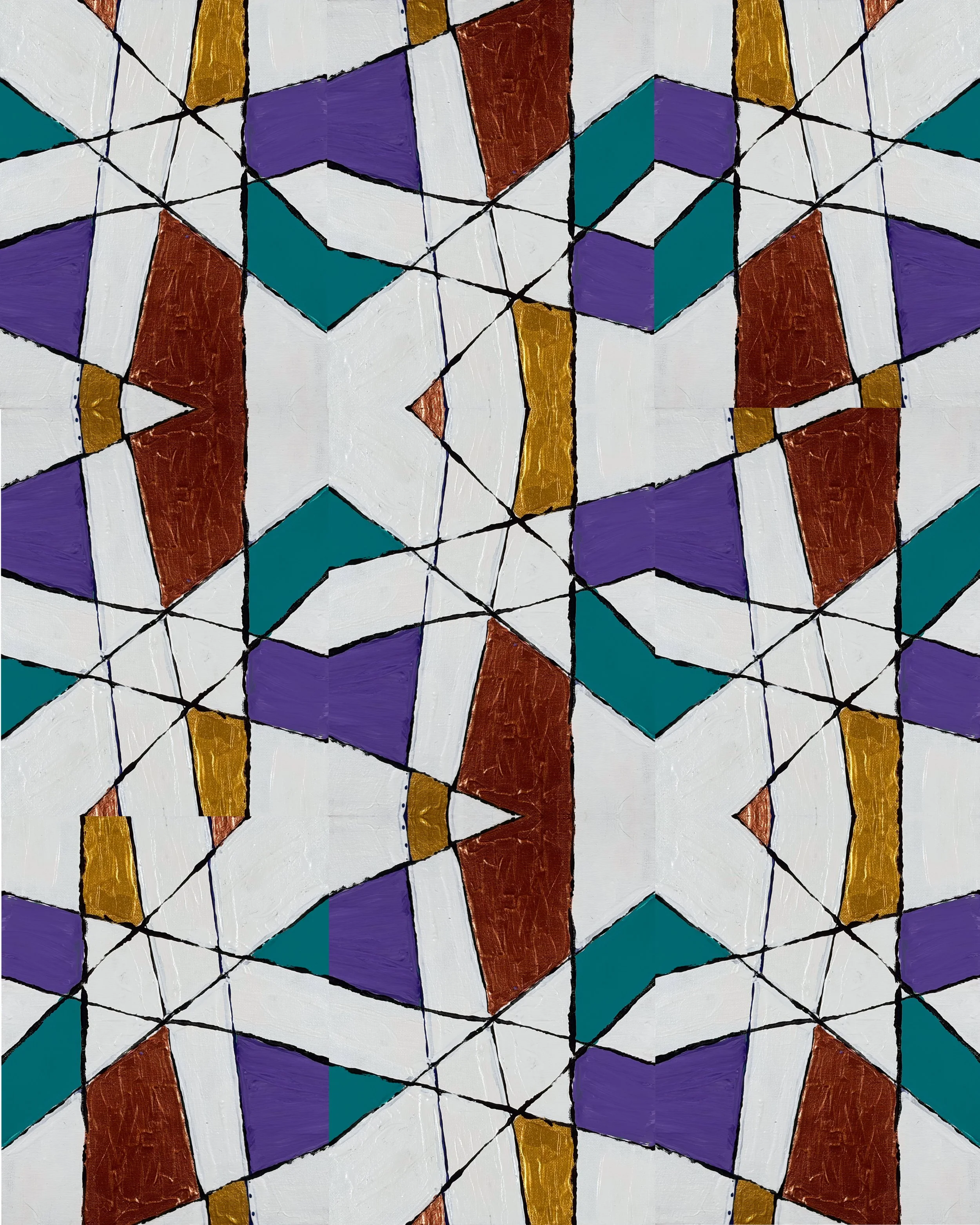 TABLE NO. 3 - Acrylic on canvas board. This vibrant geometric artwork creates a dynamic interplay of interlocking shapes, lines, and bold colors. Teal, violet, rust, and gold forms emerge against a white ground, creating a sense of movement, depth, a