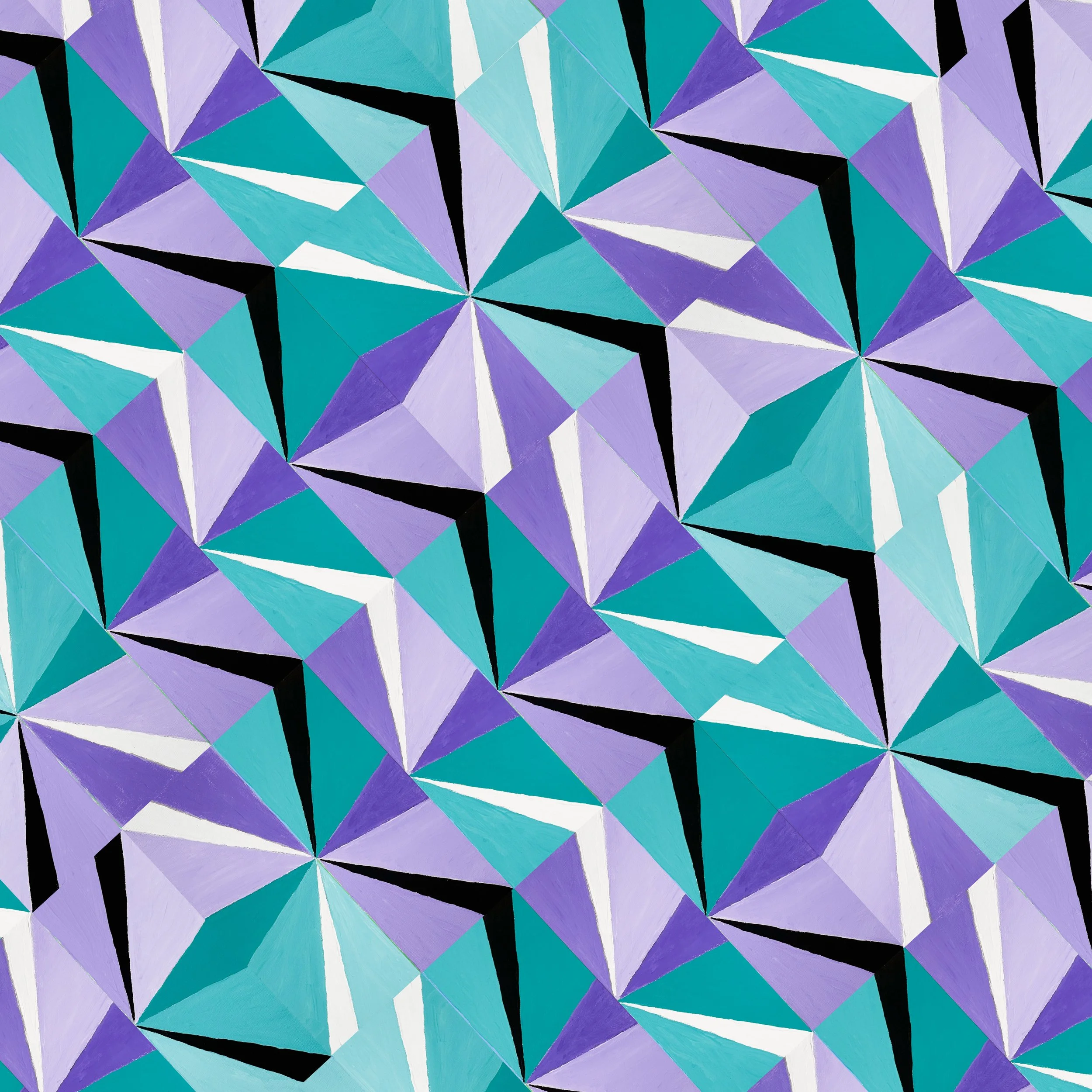 PINWHEEL NO. 8 - Acrylic on canvas board. Purple and teal in large, faceted units with pronounced shadow accents, the most jewel-like and crystalline piece in the collection. The three-dimensional quality that appears subtly in No. 3 is fully realize