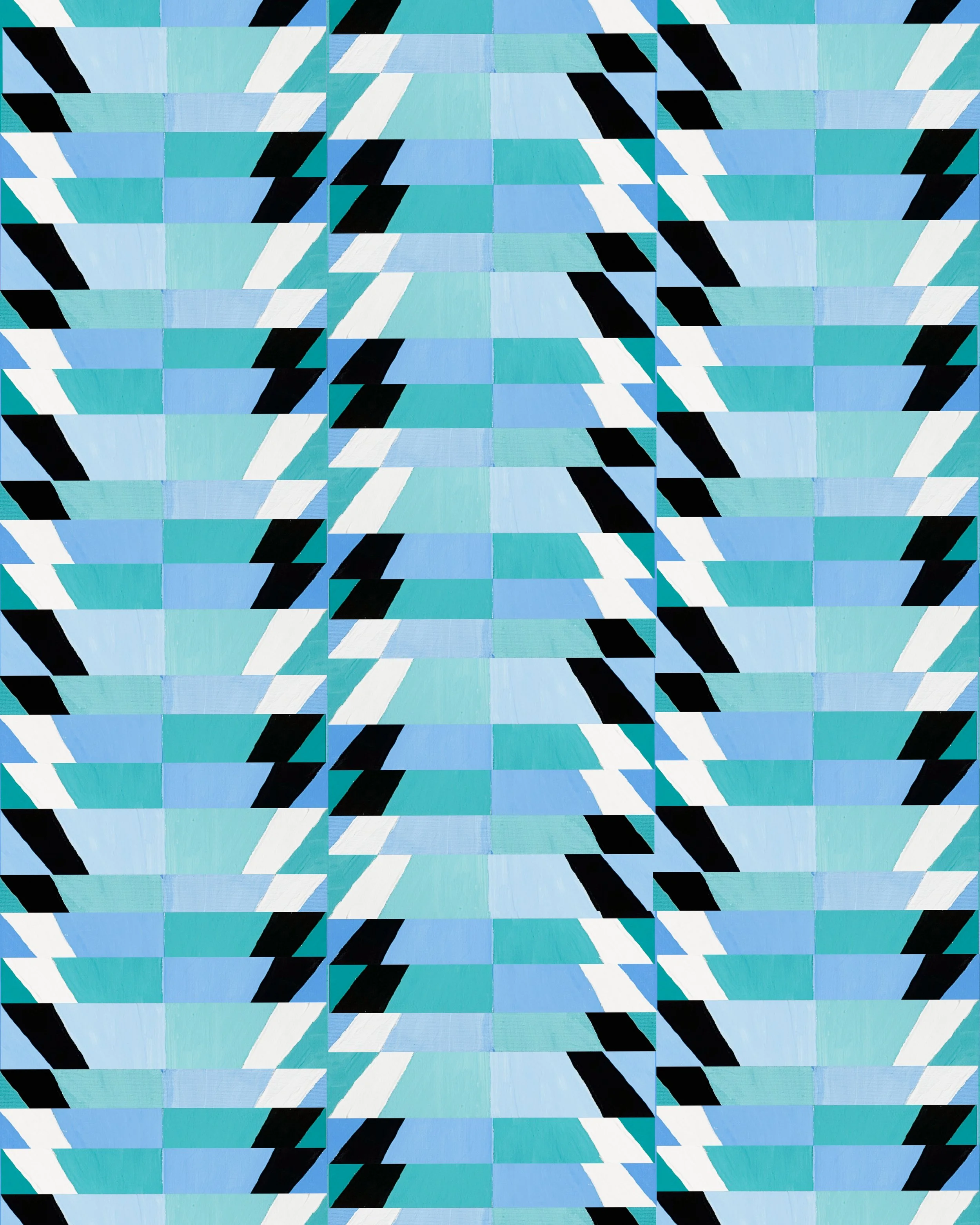 PINWHEEL NO. 4 - Acrylic on canvas board. Undulating zigzag columns sweep from top to bottom next to blue and teal, creating a liquid movement across the surface. The pinwheel unit is present but subsumed, what registers first is the rhythm. Availabl