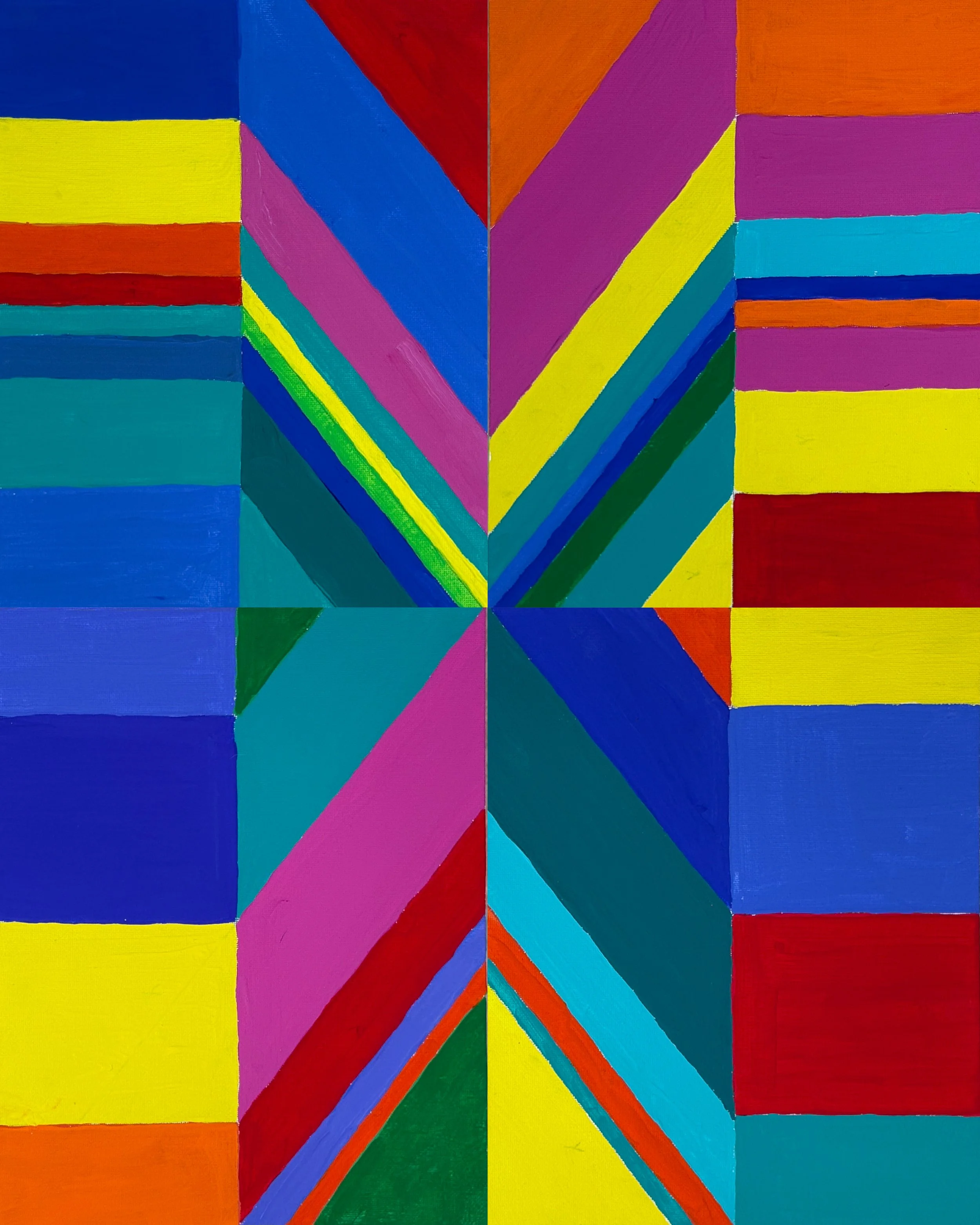 DRIFT NO. 8 - Acrylic on canvas board. Four panels, unmodified. Vertical bands of color frame diagonals that converge in the center. Where No. 7 is an argument, this one comes to an agreement. Available as an art print in multiple sizes. Inquire abou