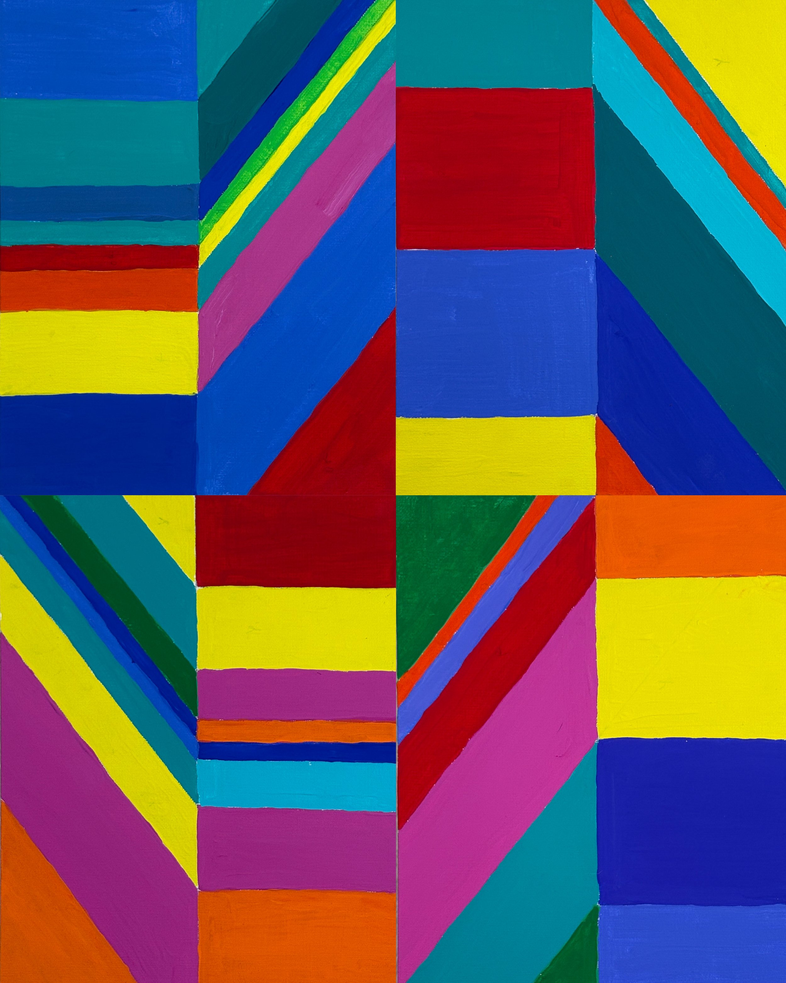 DRIFT NO. 9 - Acrylic on canvas board. Four panels, unmodified. A large-scale repeating tile pushed across the entire surface with no dominant focal point, the rhythm carries everything. The experiment at its most all-over and most insistent. Availab