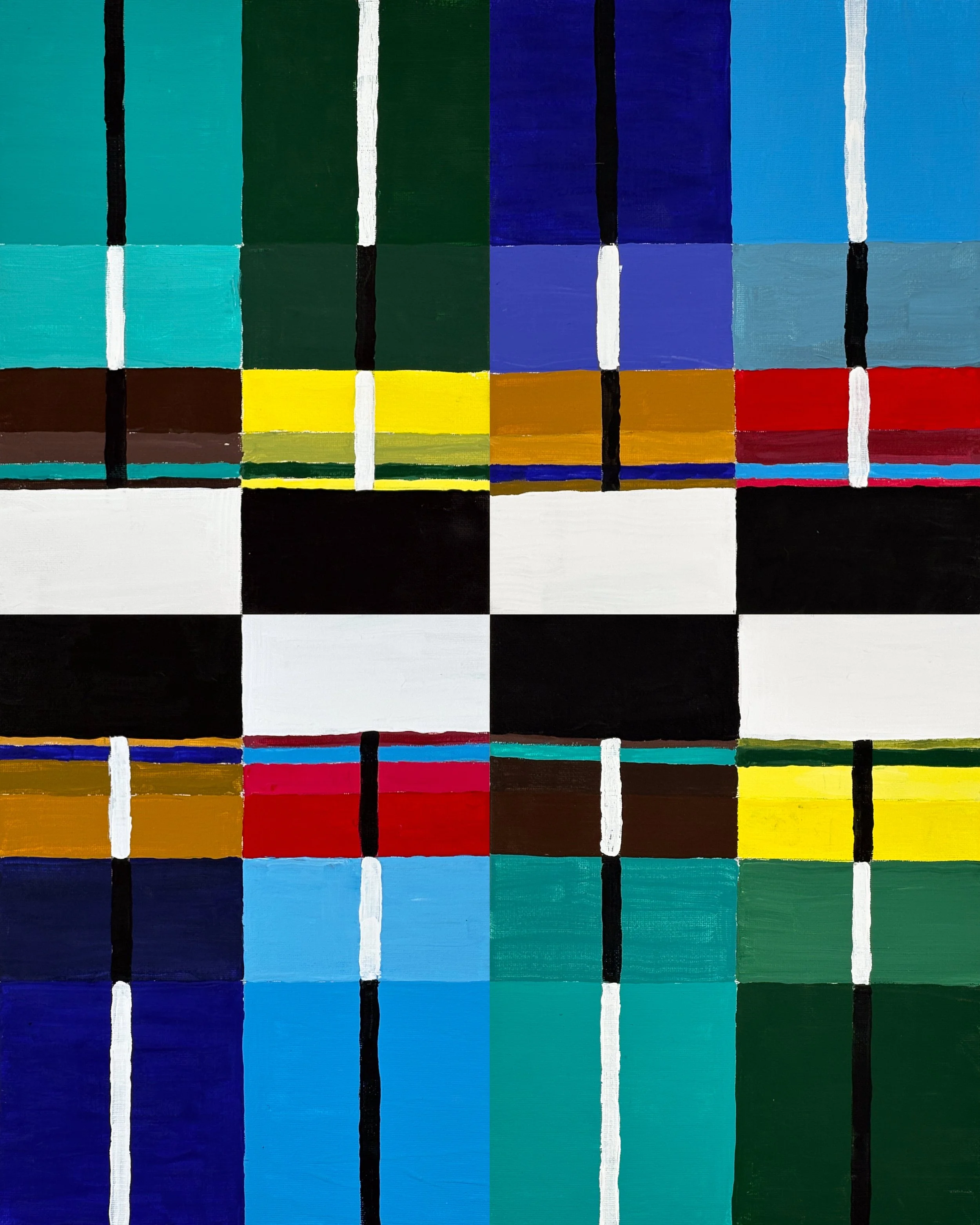 FIELD NO. 4 - Acrylic on canvas board.  Four panels, unmodified. A bold horizontal band of black and white cuts across the middle of the composition, creating a hard horizon line that makes this the most landscape-like piece in the collection. Availa