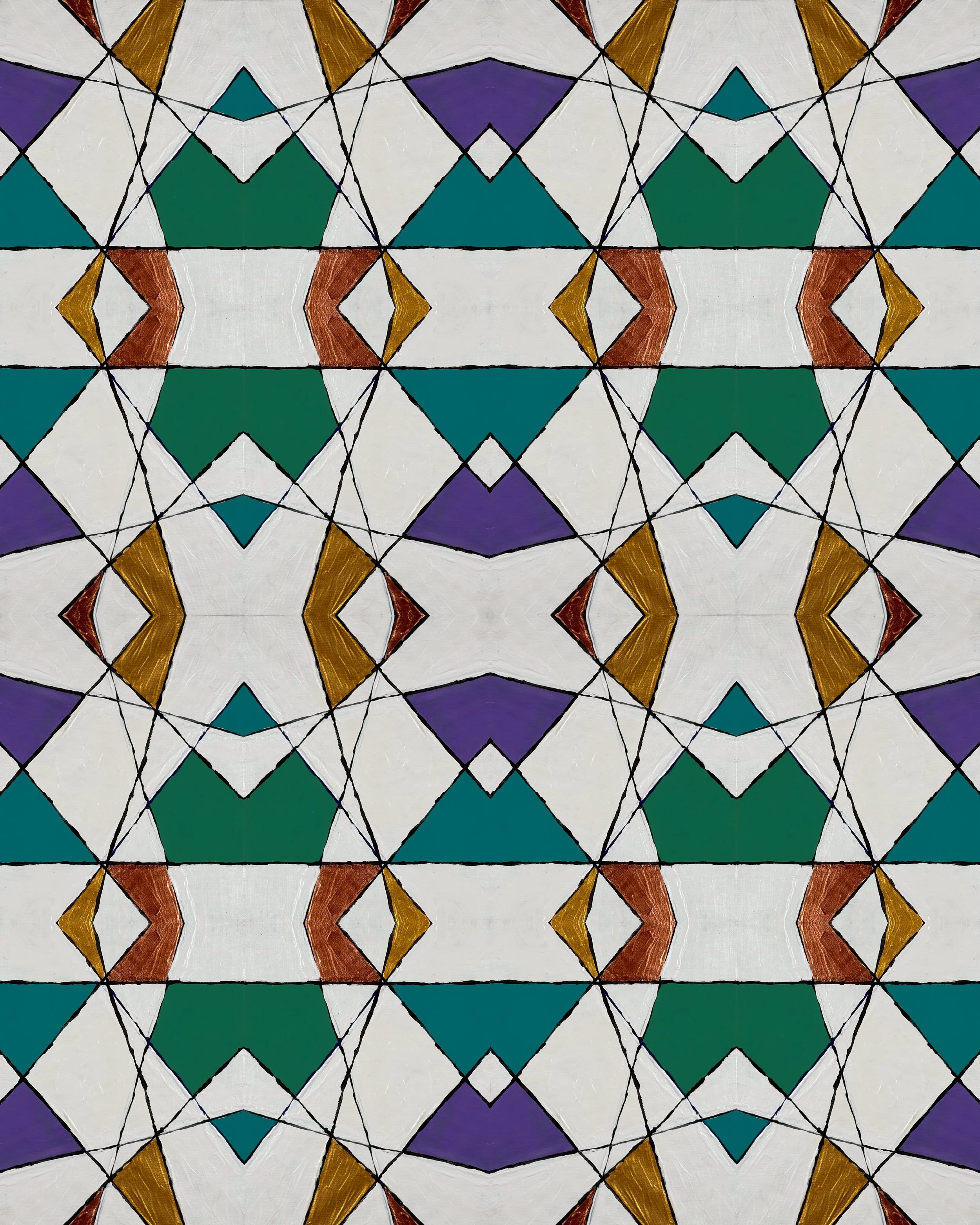 TABLE NO. 9 - Acrylic on canvas board. This geometric artwork transforms hand-drawn lines and angular forms into a mesmerizing repeating pattern. Rich teal, purple, mustard, rust, and white shapes create a dynamic balance of symmetry, movement, and c