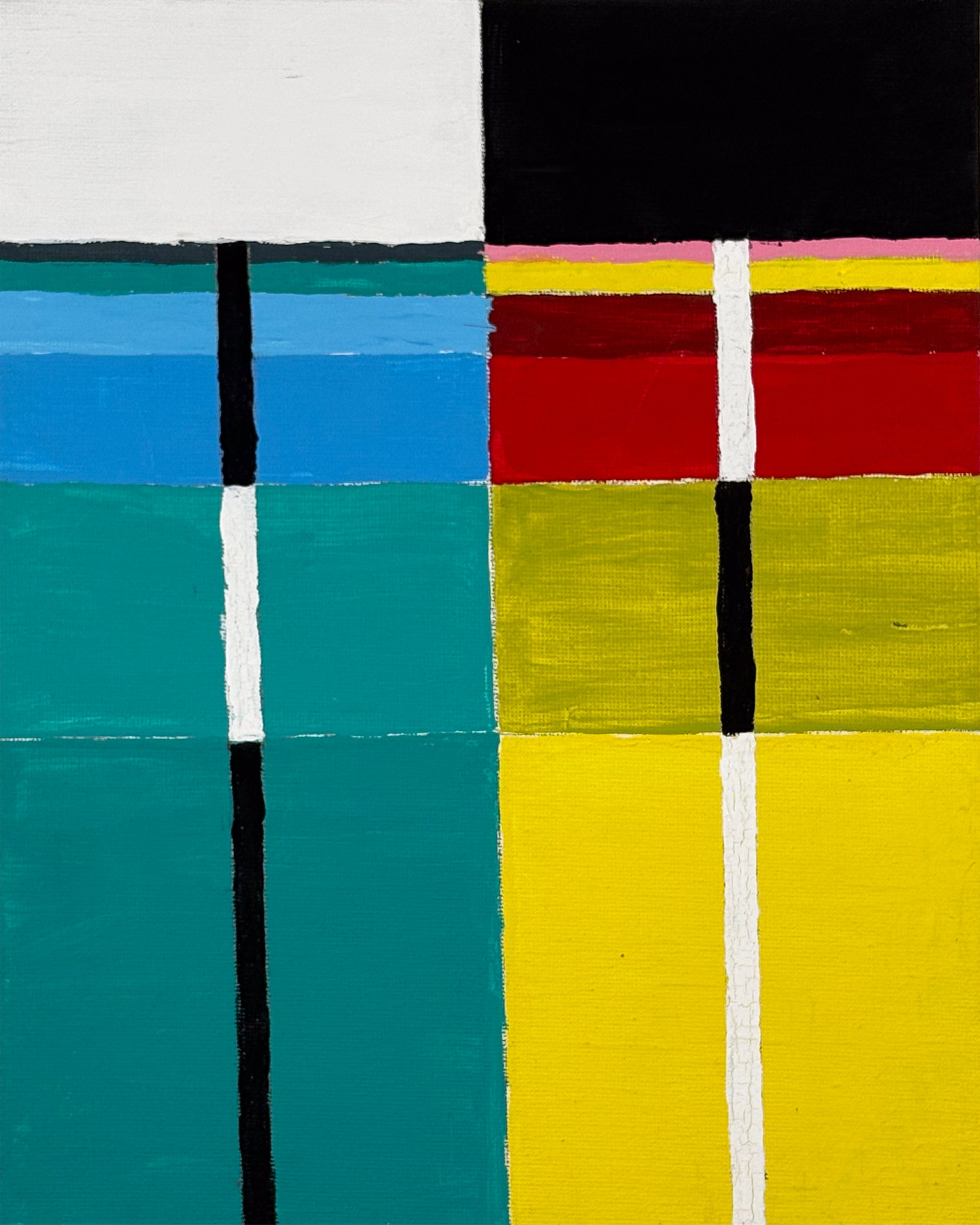 PANEL STUDY NO. 3 - A clear left and right, teal and sky blue on one side, yellow and red on the other, black and white anchoring the corners. One of the most direct color oppositions in the collection, the Field system reduced to its clearest statem