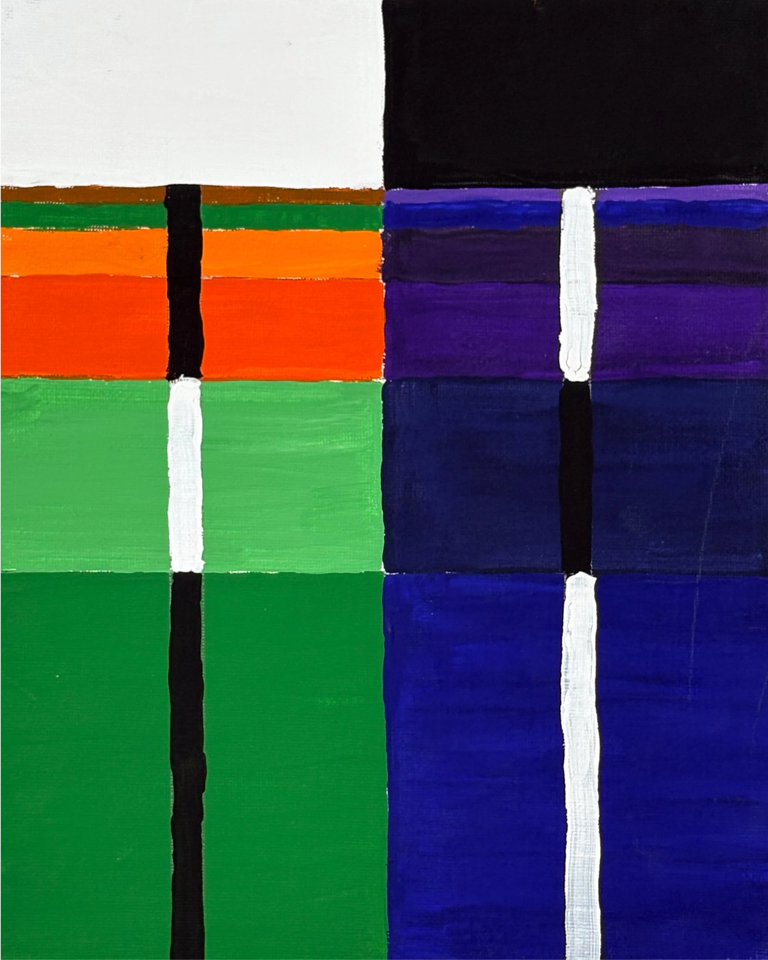 PANEL STUDY NO. 4 - A Field panel again, green and orange on the left, blue and purple on the right. Shares a color family with No. 1 but carries a different weight, the greens and blues dominating the lower half give it a groundedness that No. 1 doe