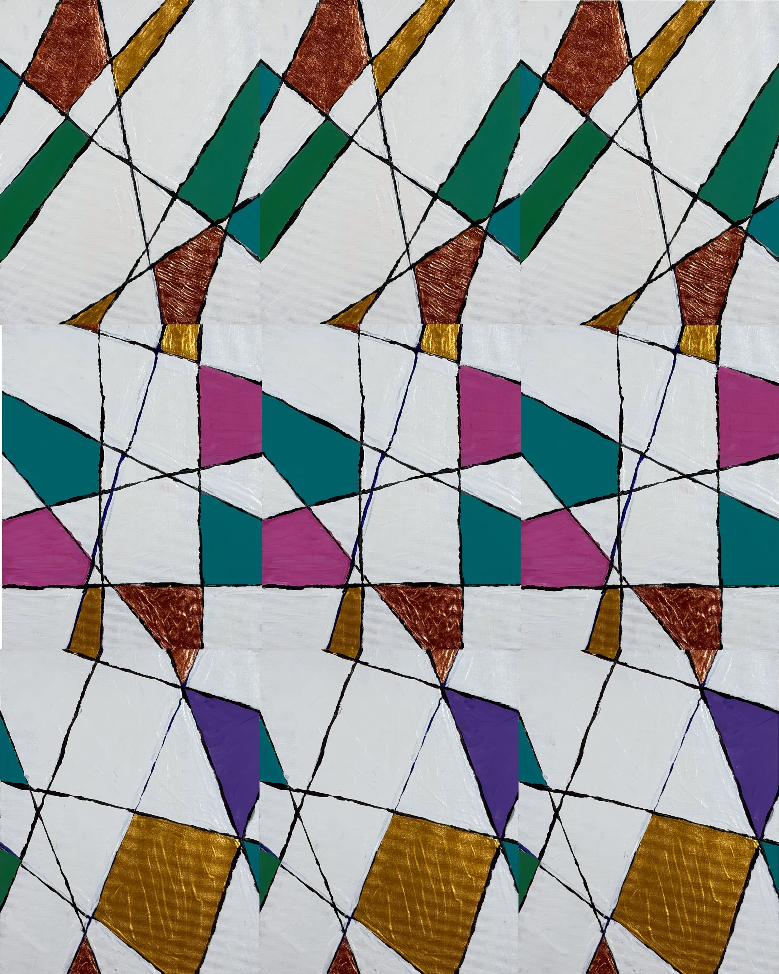 TABLE NO. 2 - Acrylic on canvas board. This geometric abstraction uses repeated angular forms to create a strong sense of rhythm and directional movement across the surface. Emerald green, teal, magenta, violet, gold, and copper-brown shapes emerge f