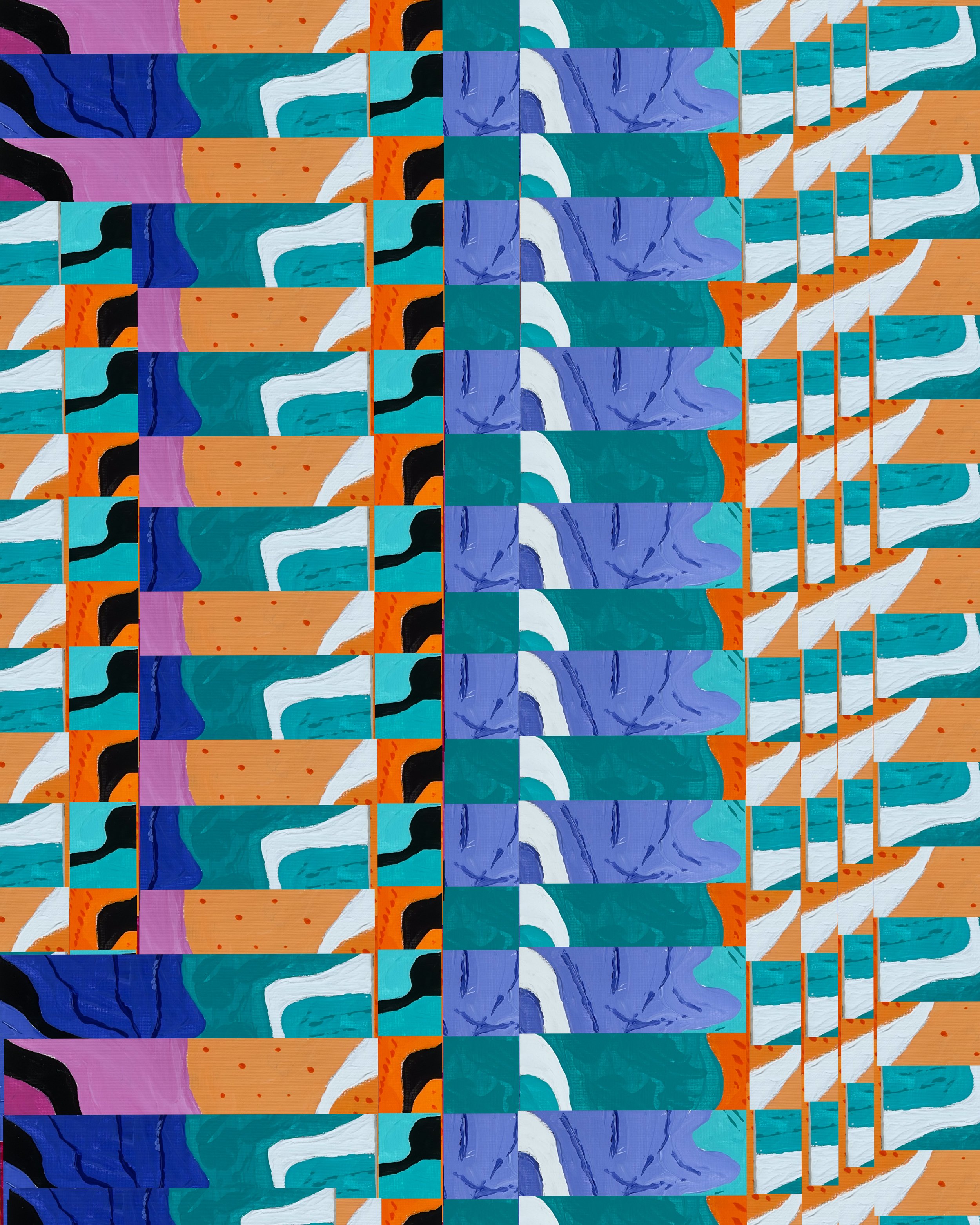 Splash No. 5 - Acrylic on canvas board. No. 5 explores rhythm and balance through layered geometric fragments and fluid organic forms. Vibrant turquoise, lavender, orange, and deep blue create a dynamic composition that shifts between structure and m