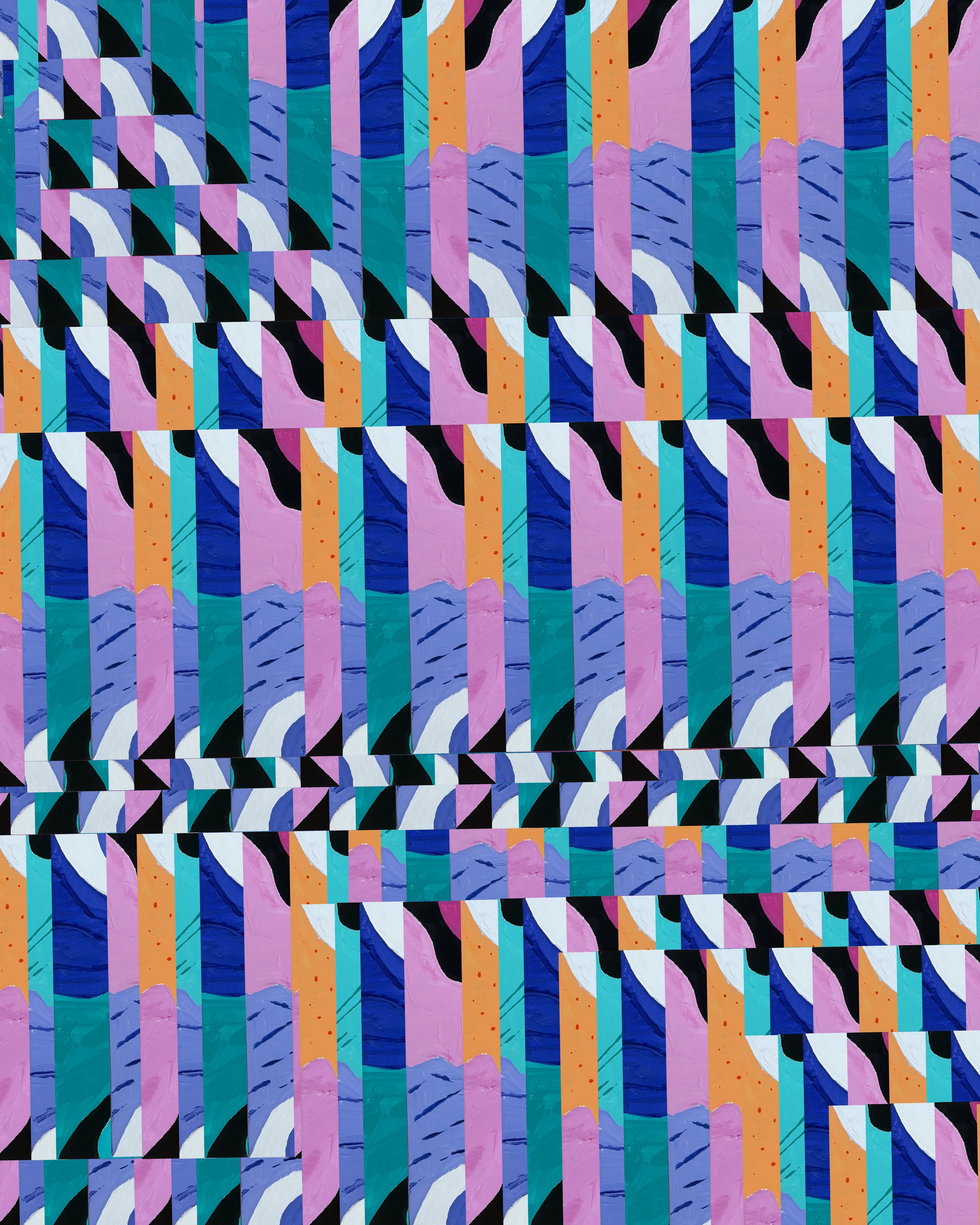 Splash No. 3 - Acrylic on canvas board. A sophisticated palette of cobalt blue, teal, lavender, peach, and white creates a layered composition that feels both dynamic and balanced. Blending structured repetition with fluid organic forms, this piece o