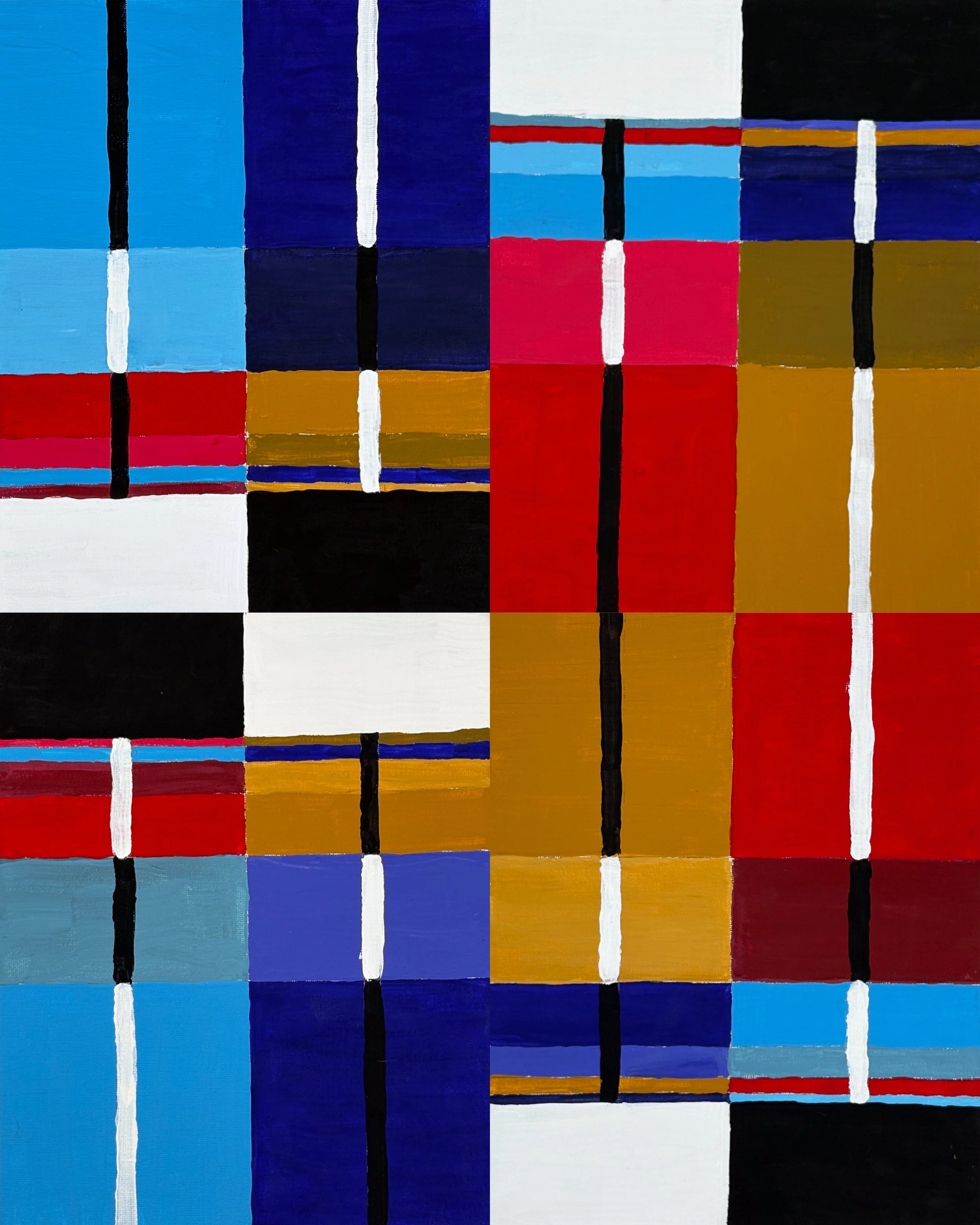 FIELD NO. 2 - Acrylic on canvas board. Four panels, unmodified. Where No. 1 is cool and grounded, No. 2 runs warmer, red, gold, and sky blue dominate, with the panels shifting and separating in ways that feel almost restless. The black and white line