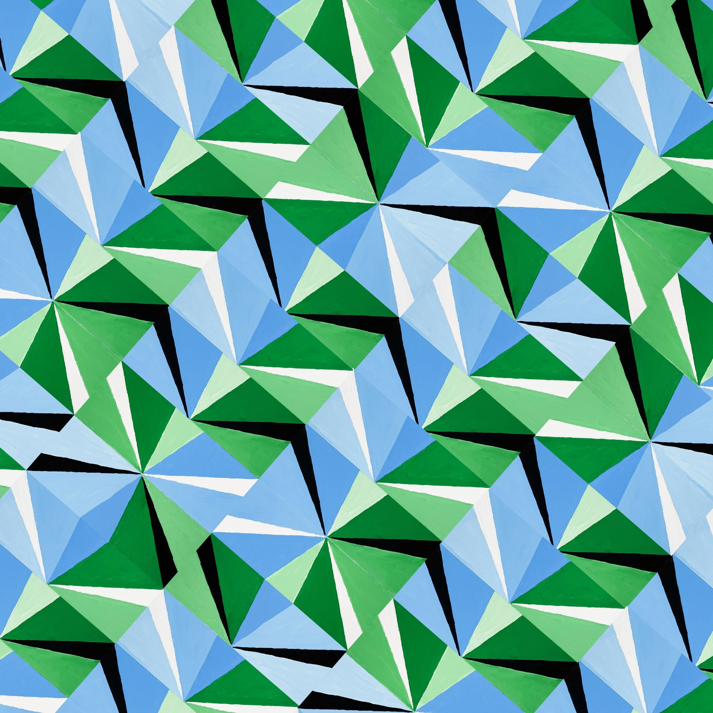 PINWHEEL NO. 5 - Acrylic on canvas board. Green and blue, three greens ranging from dark to light against sky blue, fill the frame with large, boldly scaled pinwheel units that feel architectural in their presence. The black shadow accents sharpen ev