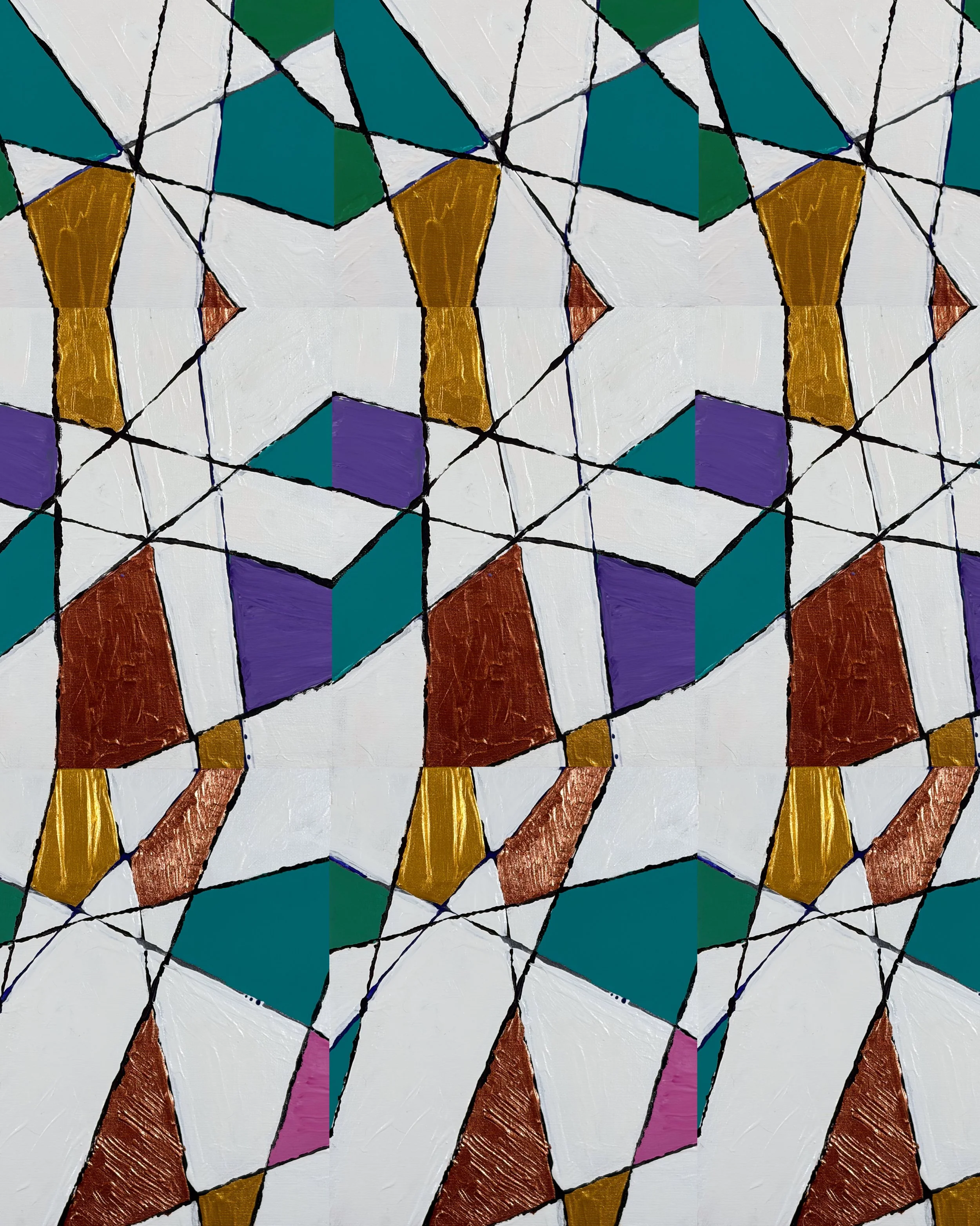 TABLE NO. 10 - Acrylic on canvas board. This vibrant abstract artwork brings together bold geometric forms, rich jewel tones, and expressive hand-drawn lines in a dynamic repeating composition. Golden yellows, deep purples, teal, rust, and earthy bro