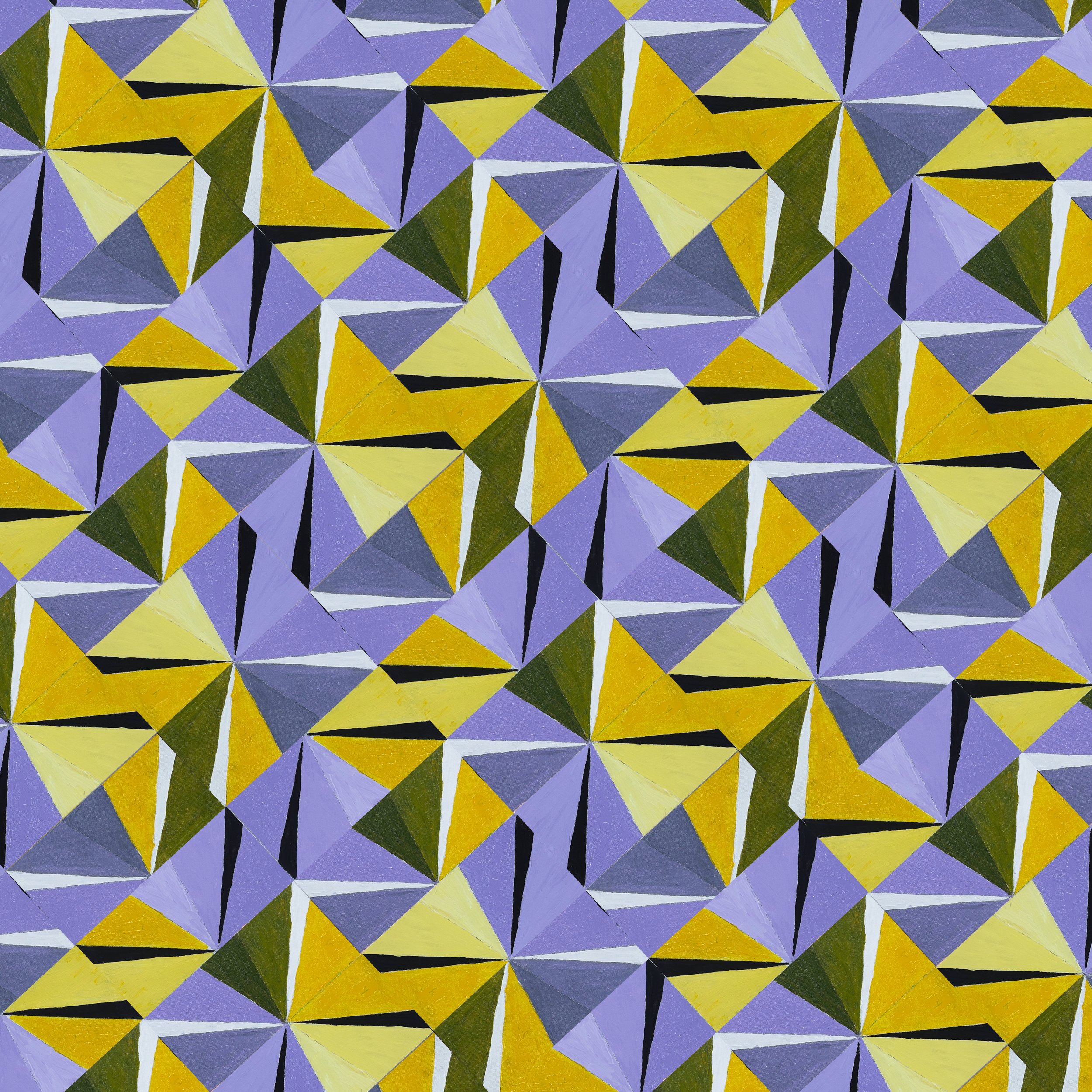 PINWHEEL NO. 3 - Acrylic on canvas board. Here the pinwheel unit reveals itself most clearly, lavender, yellow, and olive green rotating across the surface in a tile that reads as almost sculptural. The shadowing between units gives the composition a