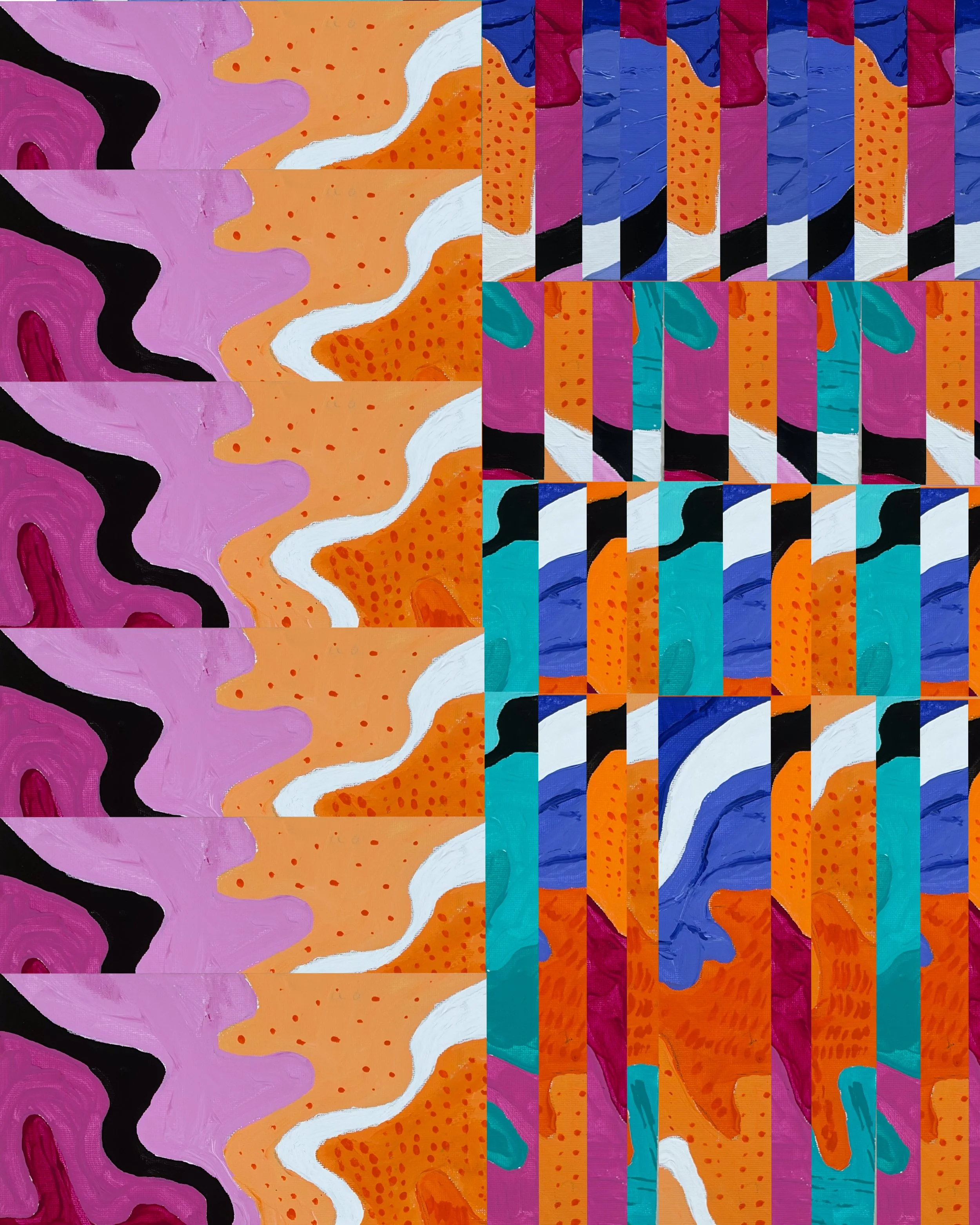 Splash No. 8 - Acrylic on canvas board. Two halves divided by organic shapes and vibrant hues of lavender, orange, turquoise, cobalt, and magenta flow across the composition, while repeated forms and fragmented vertical strips create depth and visual