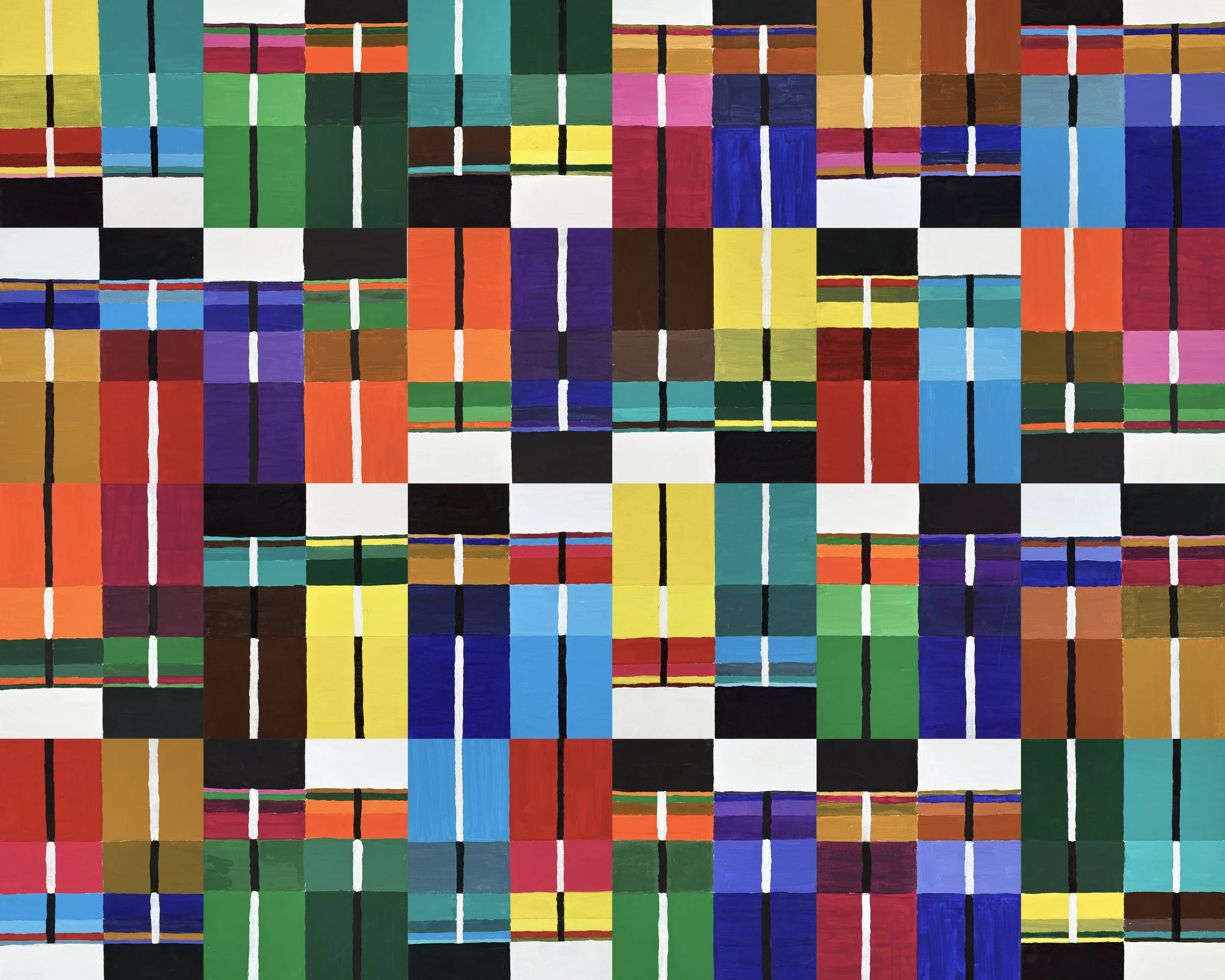 FIELD NO. 14 - Acrylic on canvas board.  All 24 panels, unmodified. The largest and most resolved work in the collection. Full spectrum, maximum panel count, the grid pushed as far as it goes — and yet the underlying color logic keeps everything cohe