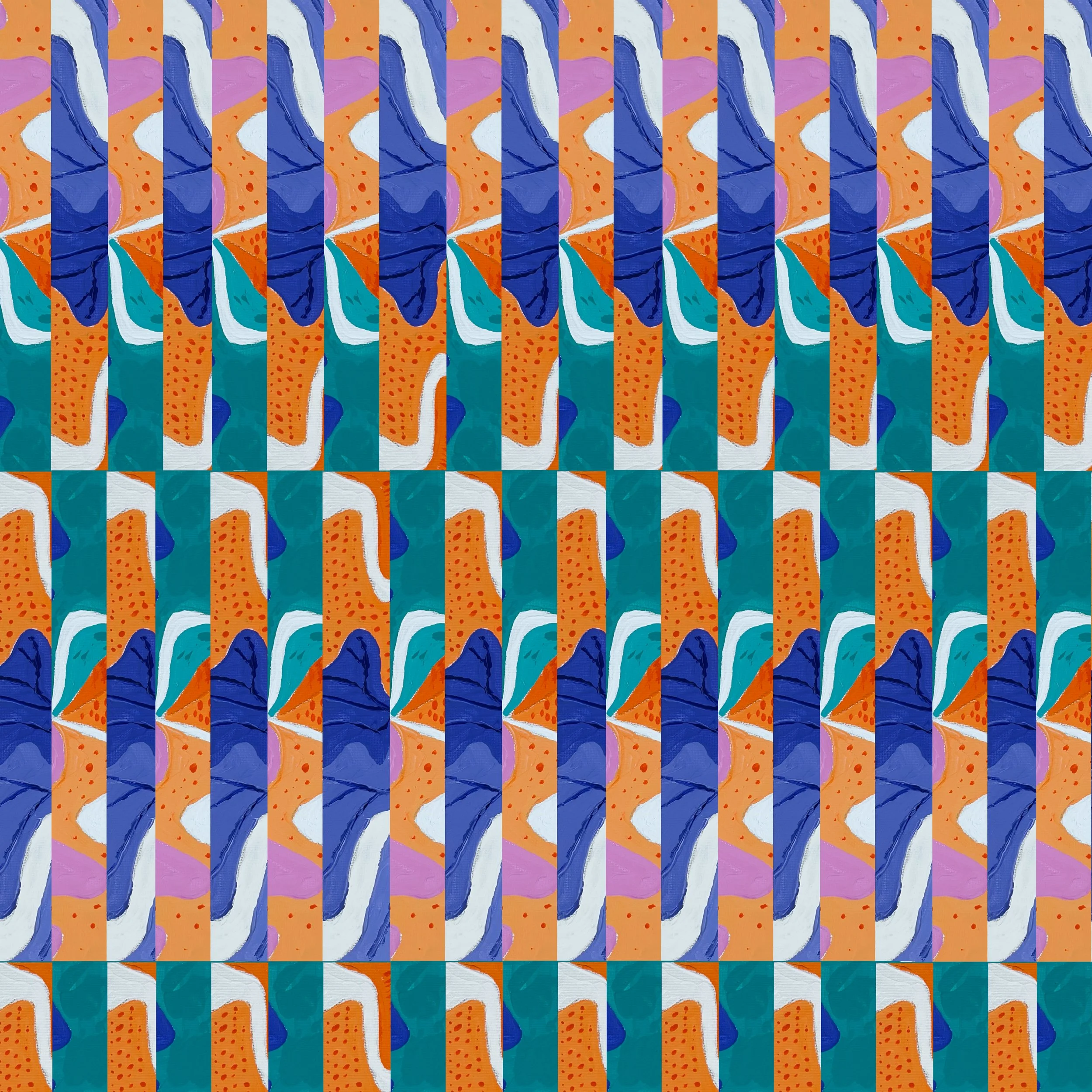 Splash No. 1 - Acrylic on canvas board. Repeating organic forms and expressive brushwork create a rhythmic visual experience, while a vibrant palette of cobalt blue, orange, teal, lavender, and white evokes the energy of nature and water. Modern yet 