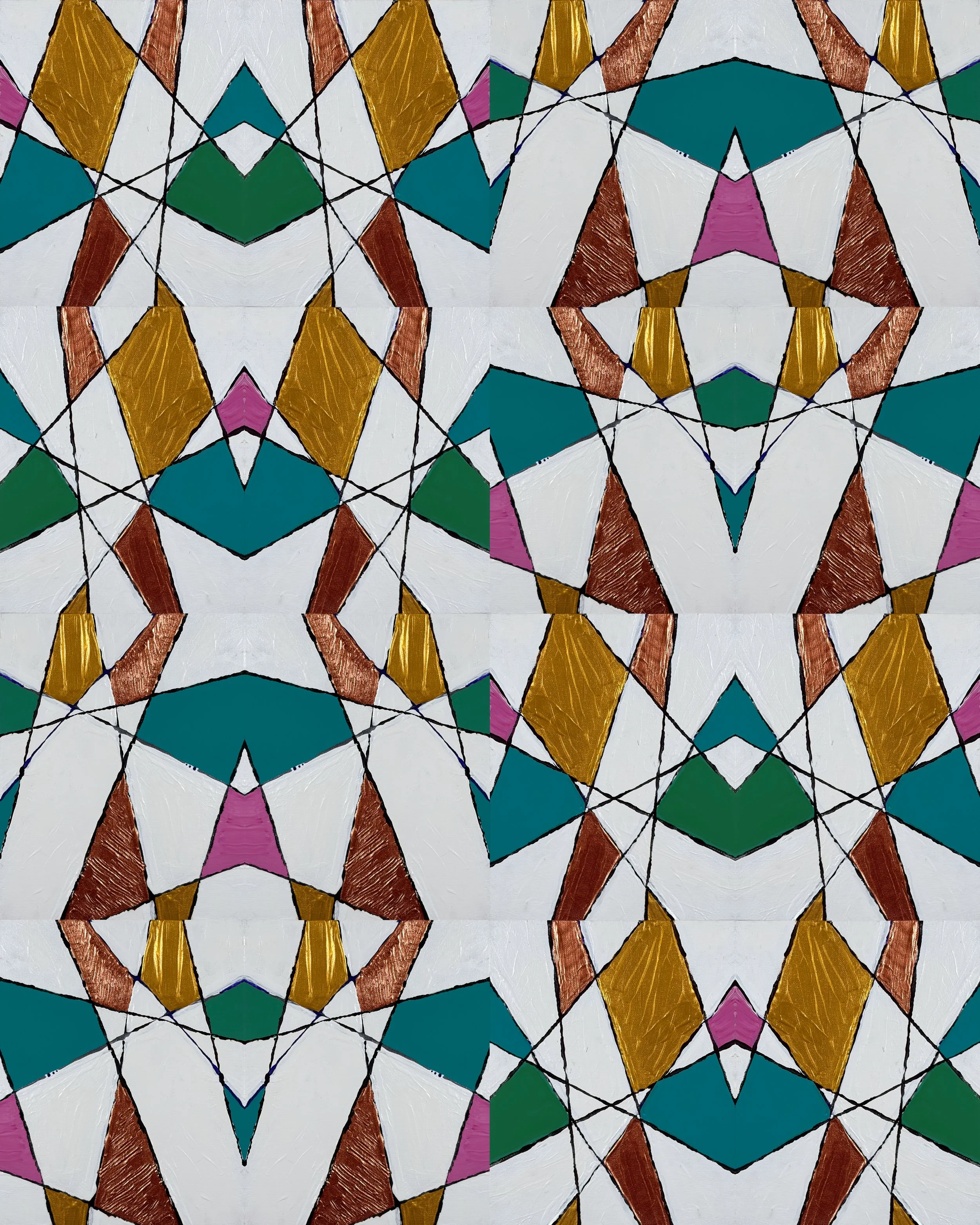 TABLE NO. 8 - Acrylic on canvas board. This geometric artwork transforms hand-drawn lines and bold angular forms into a mesmerizing repeating pattern. Rich ochre, teal, emerald, magenta, and copper tones contrast with luminous white shapes, creating 
