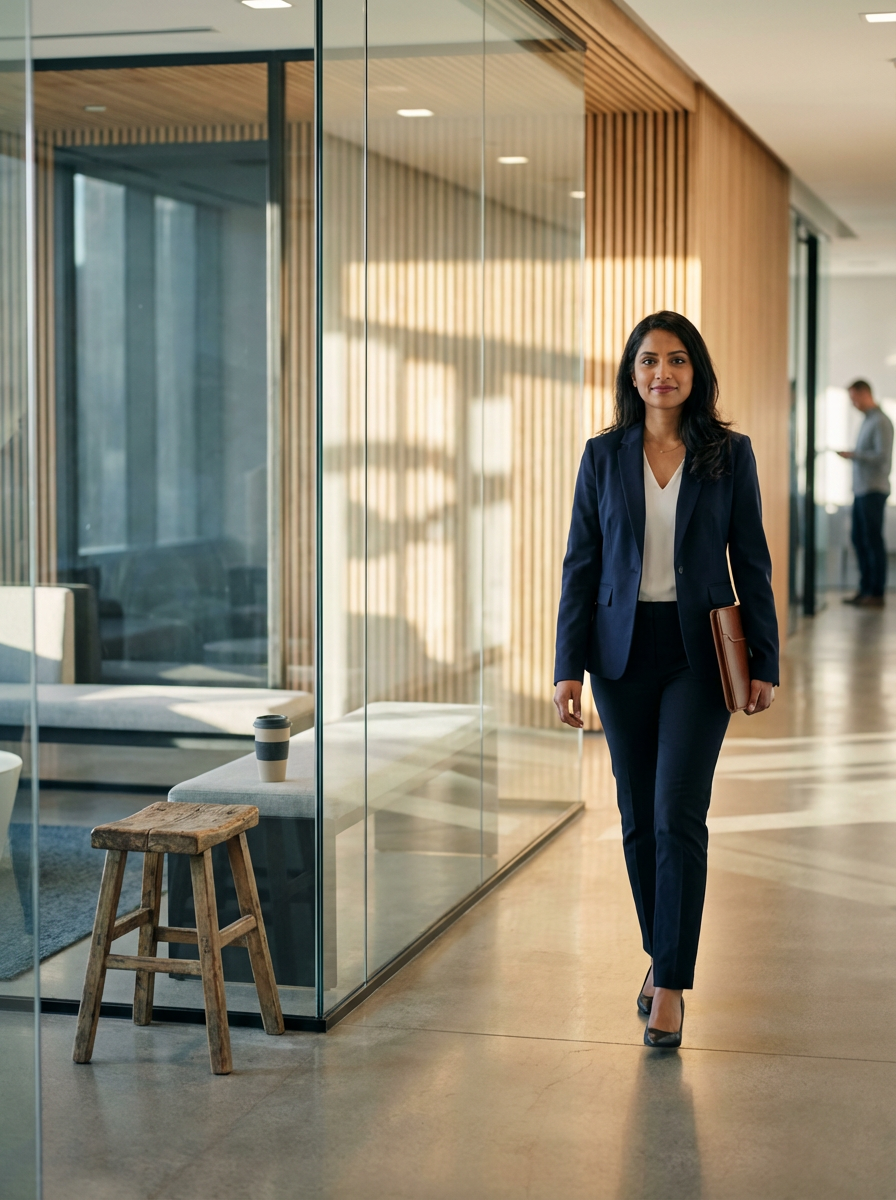 A professional woman in a navy suit walking through a modern office hallway with glass walls, wooden accents, and a coffee cup on a small wooden stool.