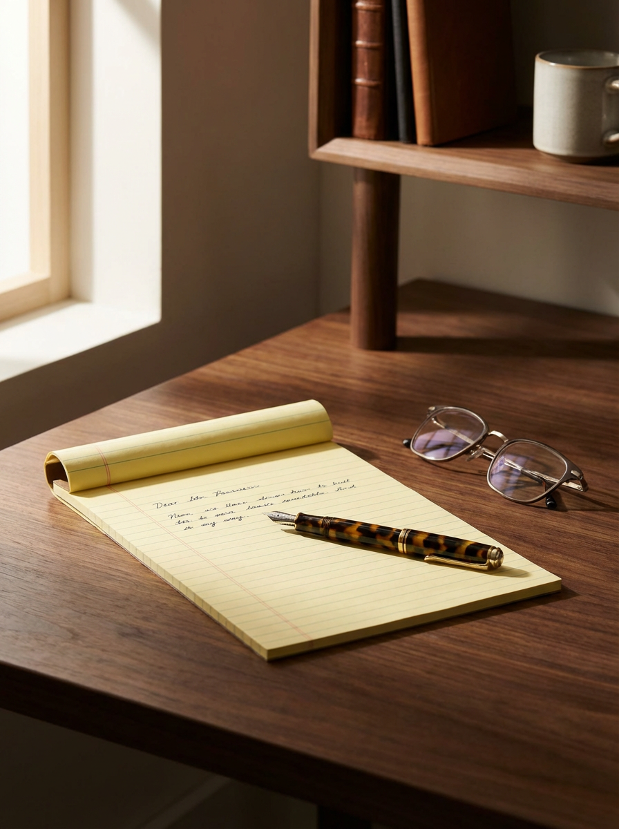 A wooden desk with a yellow notepad, a tortoise-shell patterned fountain pen, and eyeglasses placed on it. In the background, there is a wooden bookshelf with books and a mug. Sunlight is coming through a window.