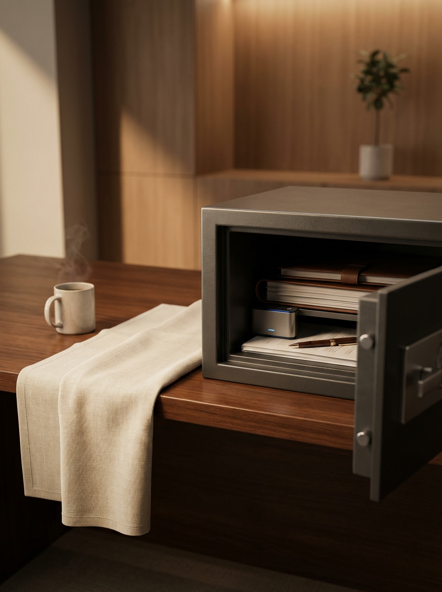 A safe on a wooden desk with an open door, containing a small box, a pen, and papers, next to a steaming mug, with a coffee-colored towel draped over the desk, and a potted plant in the background.