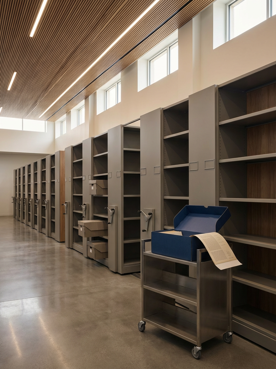 A modern library with empty metal shelves, a rolling cart with a blue box and a book, and high windows along the ceiling.