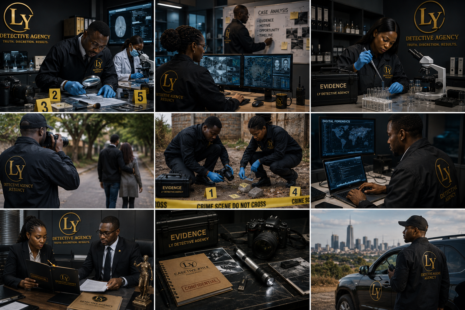 A collage of scenes from a detective agency investigation, with agents analyzing evidence in labs, working on computers with forensic data, interviewing suspects outdoors, documenting crime scenes with photographs, discussing findings in offices, and monitoring cityscape with surveillance equipment.