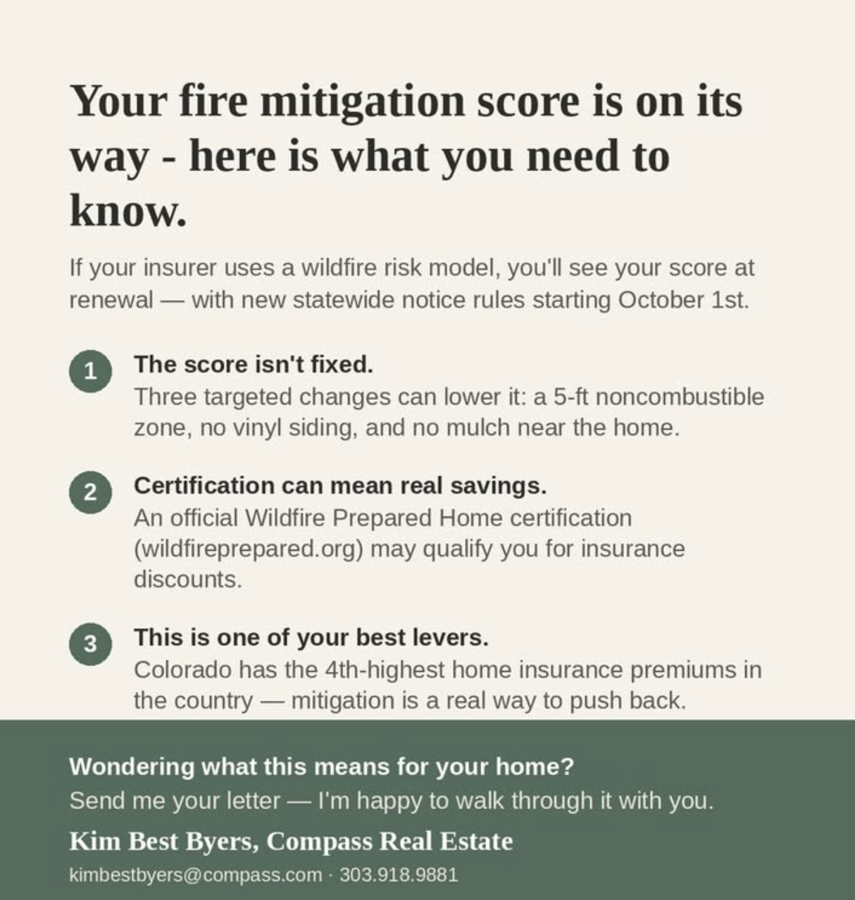 Information about wildfire mitigation and home insurance savings, with details on wildfire risk scores, certification benefits, and local insurance statistics, enclosed in a letter from a real estate agent.