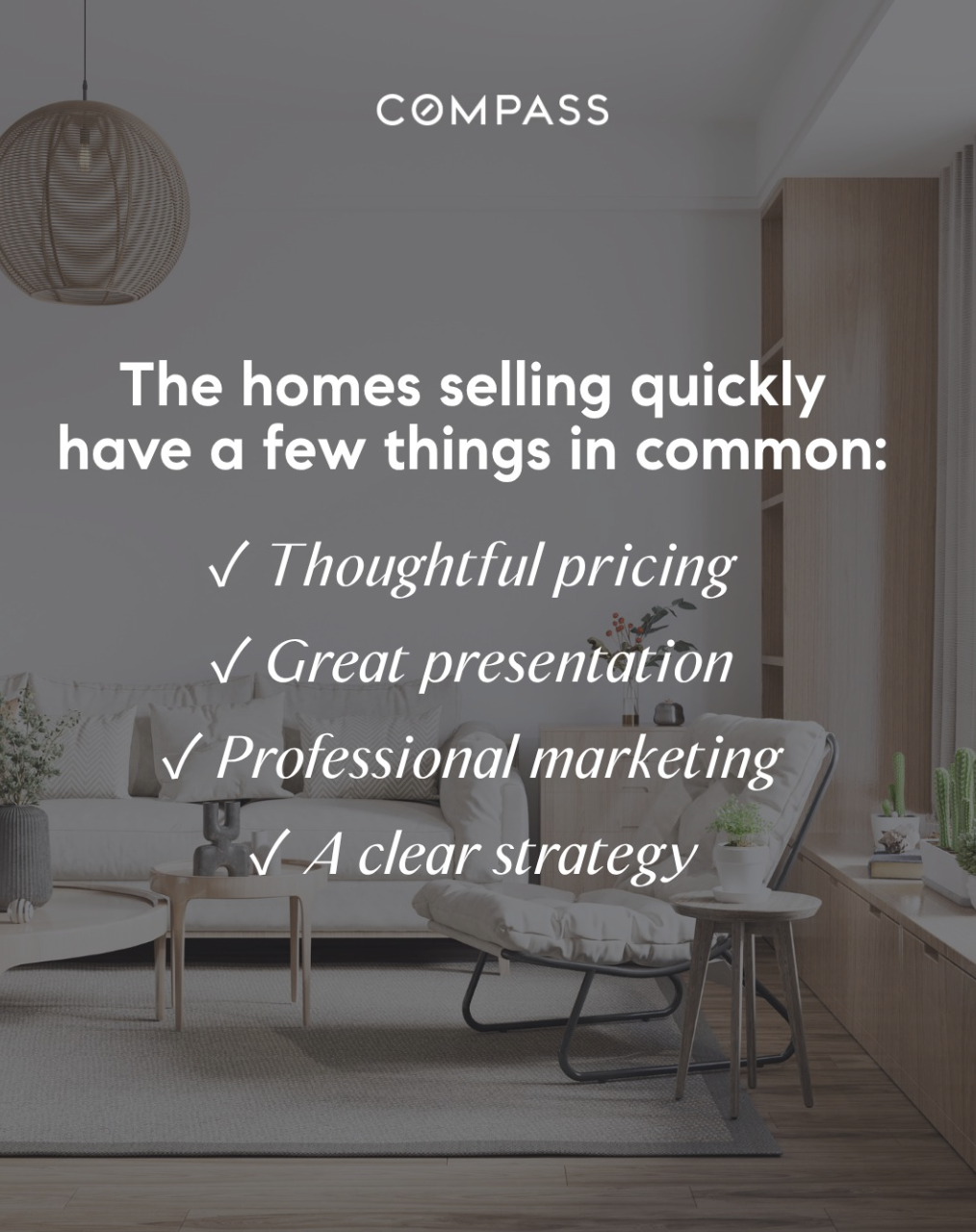 Living room with modern furniture, a hanging wicker light, and a wall with bookshelves, accompanied by a promotional message about selling homes quickly. South Denver Realtor serving Highlands Ranch, Lone Tree and Littleton.