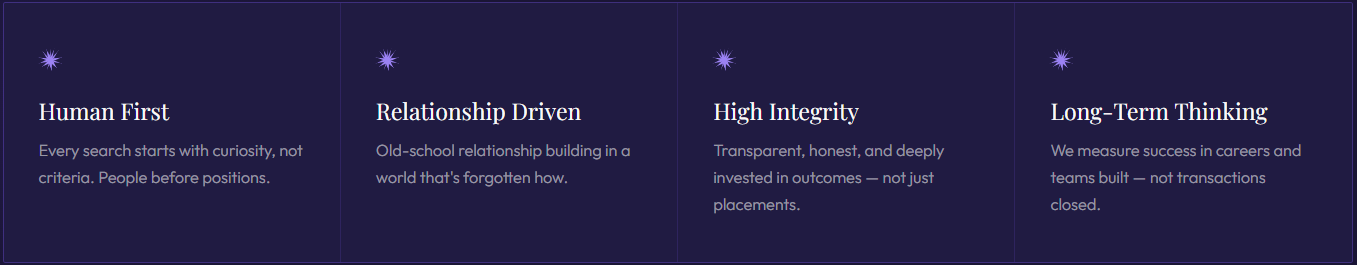 SOL WORKS company values emphasizing human-first recruiting, relationship-driven executive search, integrity, and long-term partnerships.