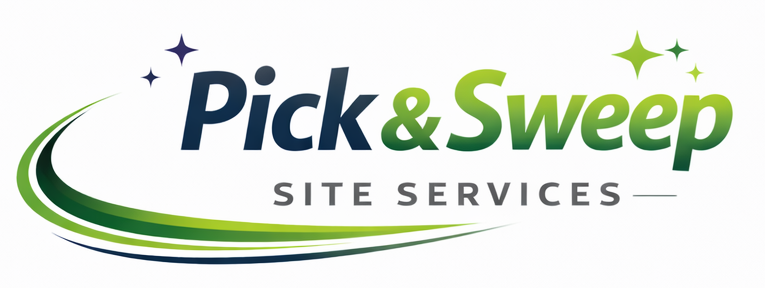 Pick & Sweep Site Services logo with stylized swoosh and star graphics.