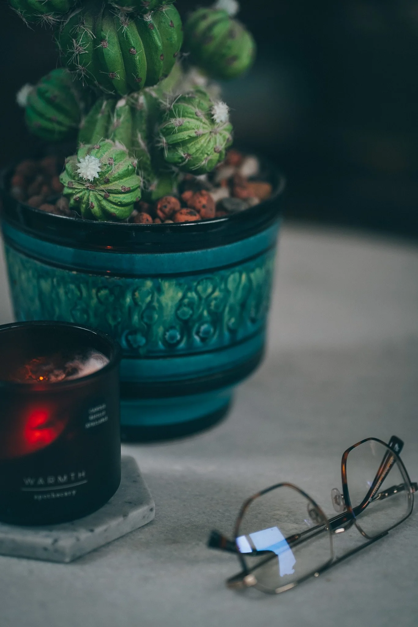 A potted cactus plant with small white flowers and spines, placed on a table, with a burning candle in a black container and a pair of eyeglasses next to it.