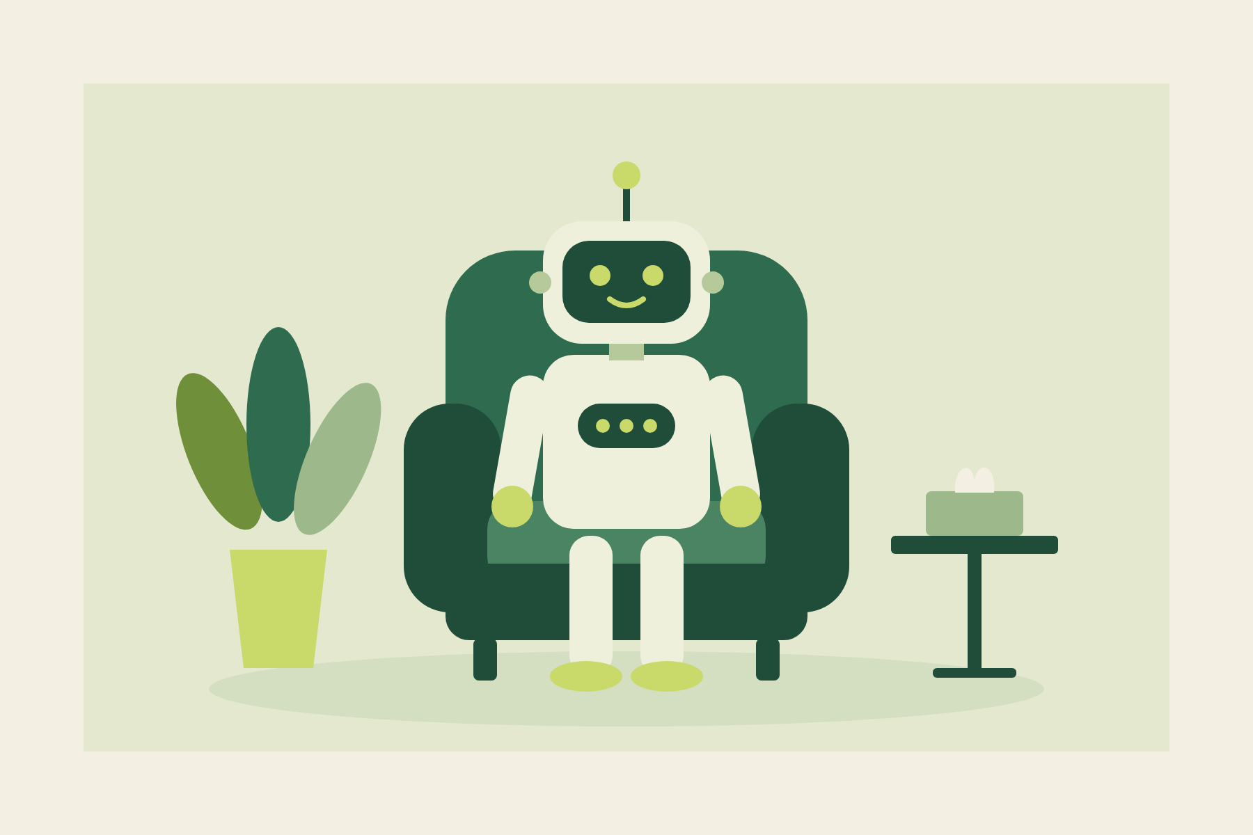 Illustration of a friendly robot sitting in a green therapy armchair beside a box of tissues