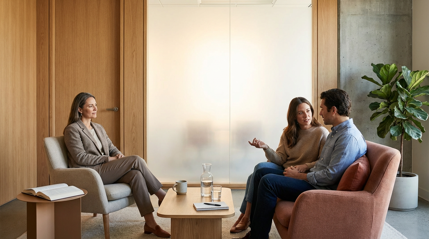 A woman in a beige blazer and pants sits on an armchair during a therapy session. Two others, a woman and a man, sit on a pink loveseat across from her, engaging in conversation. There is a wooden coffee table between them with a glass pitcher, water glass, mug, and a notepad with a pen. A large potted plant is in the corner, and the room has wooden and concrete walls.