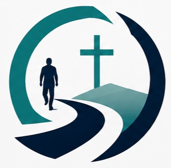 Silhouette of a person walking toward a cross on a hill, with abstract curved shapes surrounding the scene.