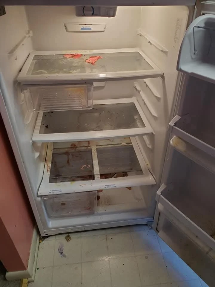 Inside the empty refrigerator with dirty shelves and stained surfaces.