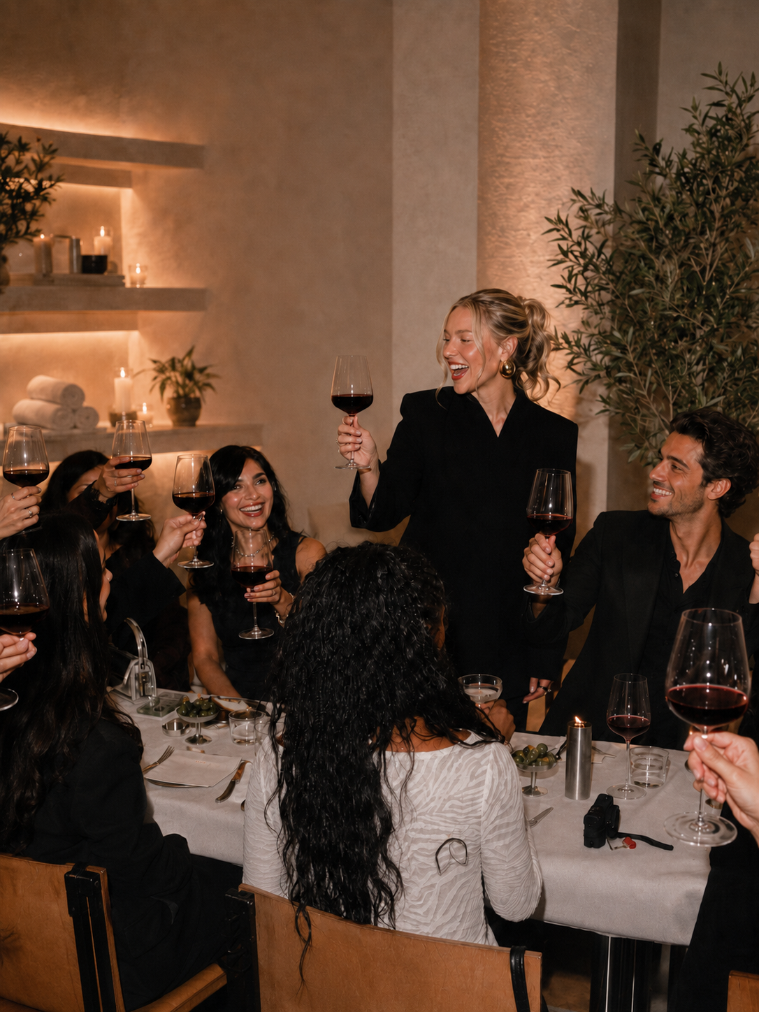 A woman giving a toast at a dinner party surrounded by people holding glasses of red wine, in a warmly lit restaurant or event space.