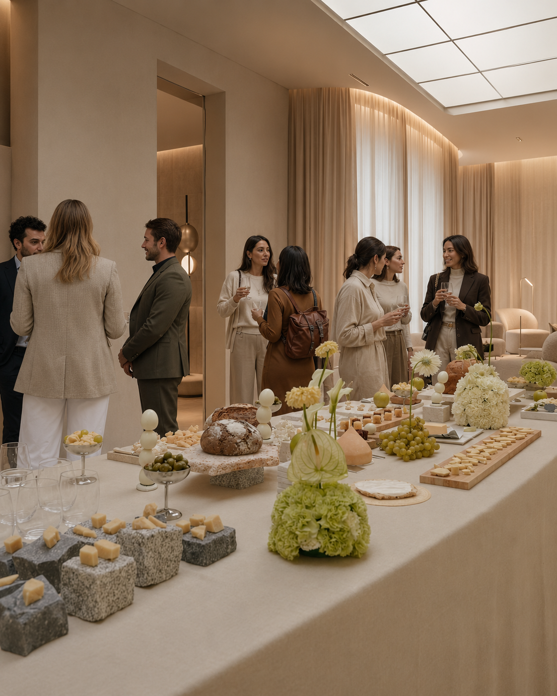 People socializing and enjoying drinks at a formal gathering or party in an elegant, well-lit room with a table of cheese, bread, grapes, and floral decorations.