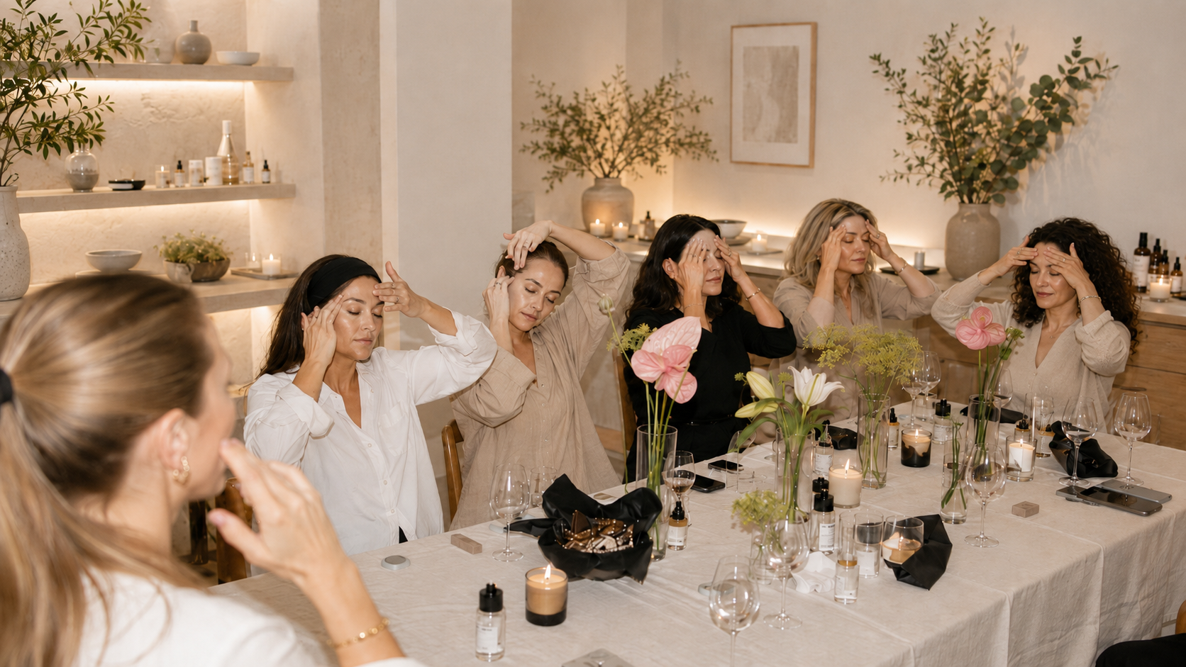 Six women sitting at a dinner table in a restaurant, participating in a group meditation or relaxation exercise with their eyes closed and hands on their temples or foreheads.