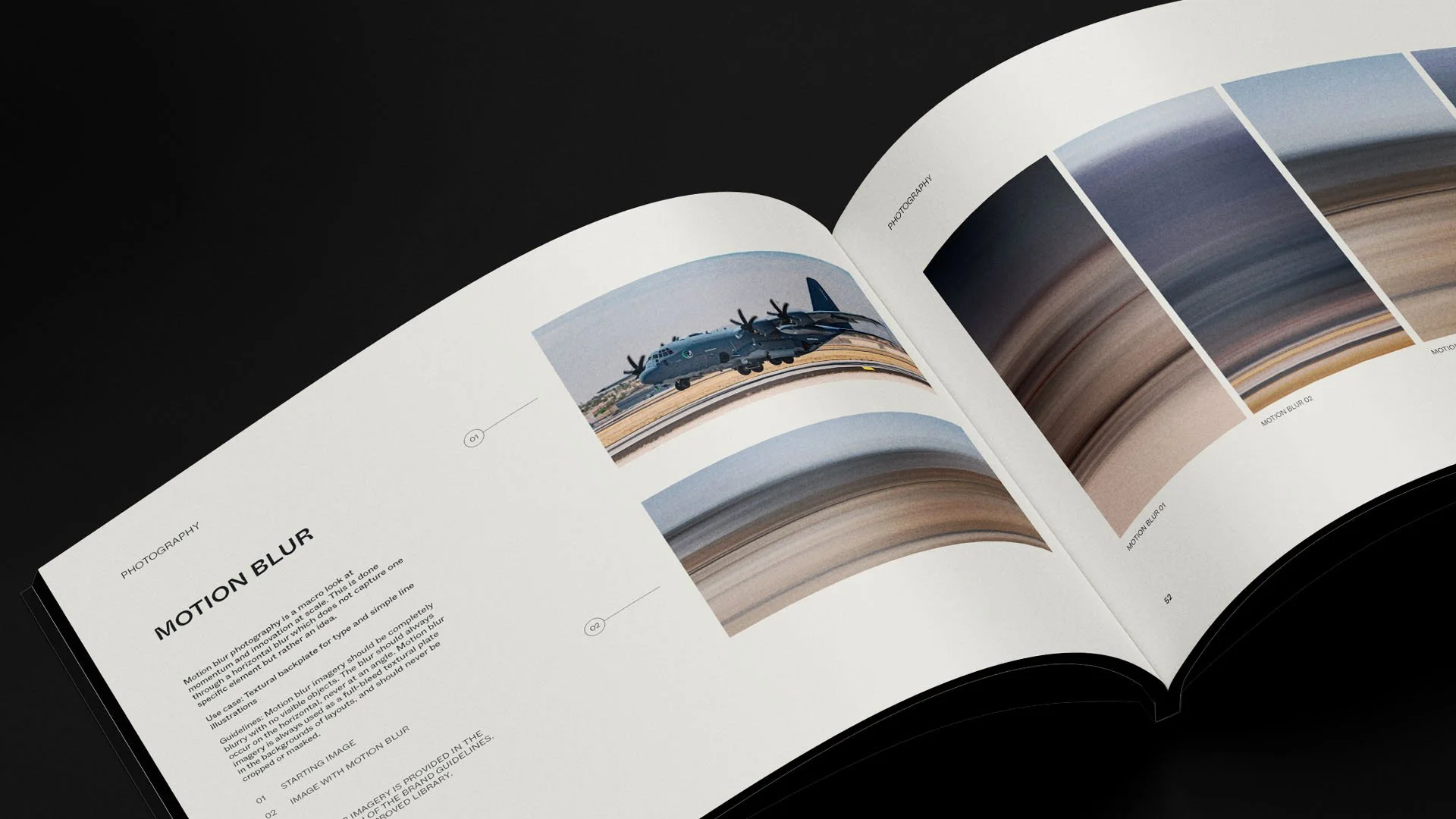 Open magazine showing a page about motion blur photography, with a photo of a small airplane and several examples of motion blur effects.