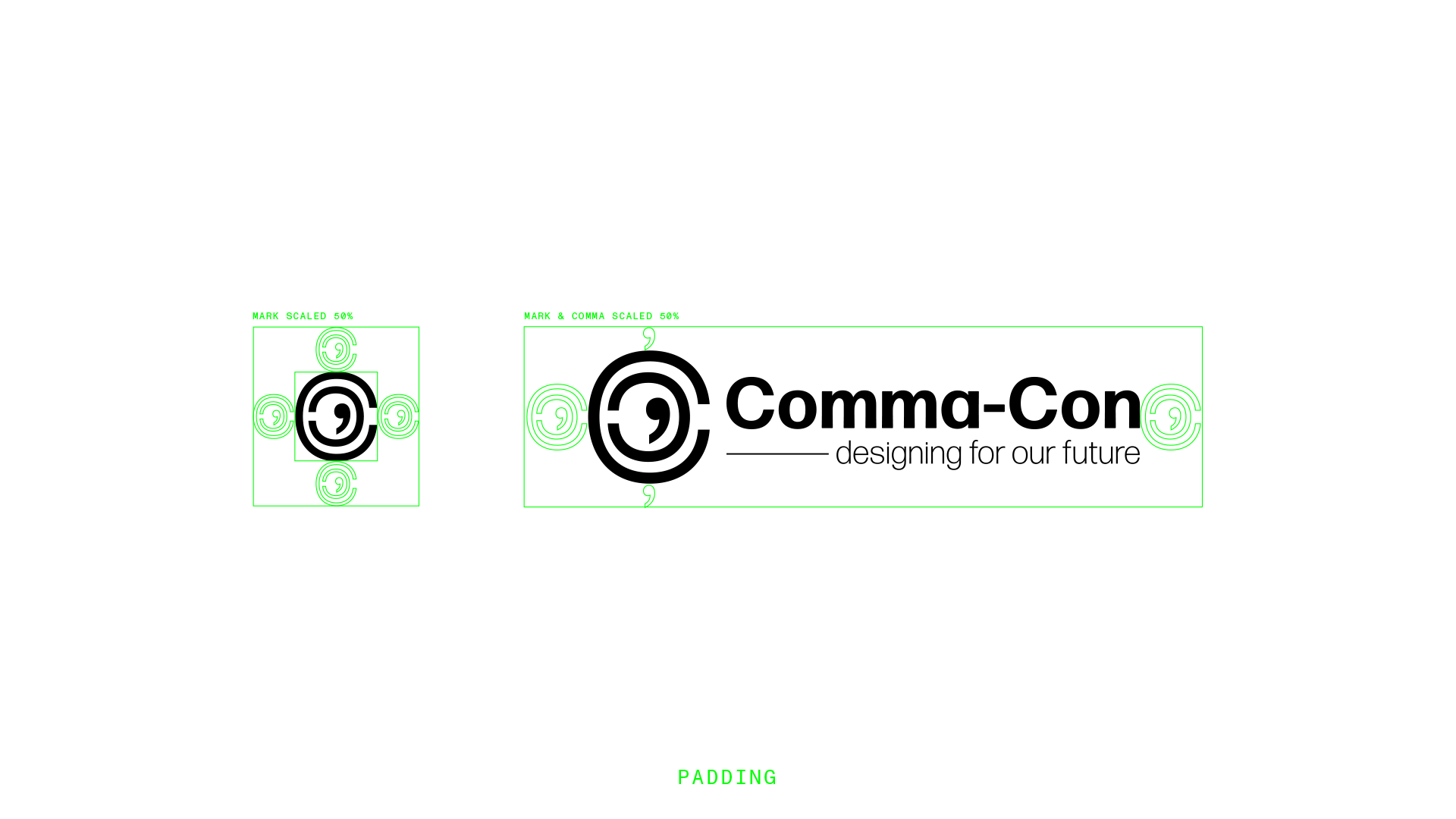 Design blueprint for 'Comma-Con' with logo, slogan 'designing for our future,' and green layout markings.