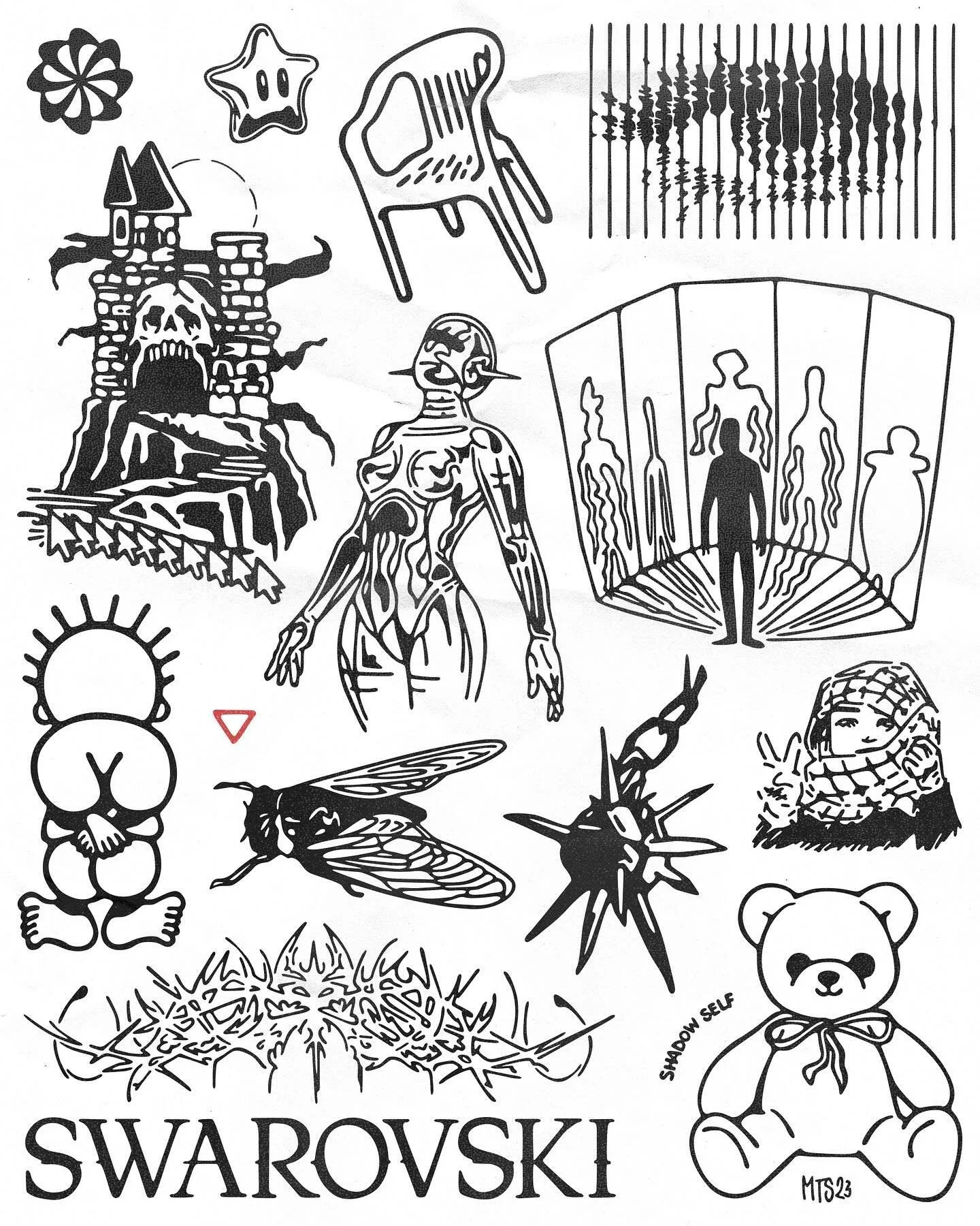 Black and white collection of various doodles and sketches, including a house with a skull, a butterfly, a star with a face, a chair, a sound wave, a human figure inside a mirrored room, a teddy bear, a spider, a bee, a star shape, and the word 'SWAR