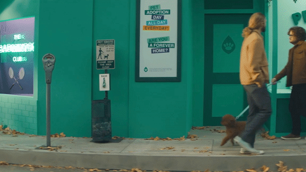 Two women walking their dogs past an animal adoption center with teal walls and signs about pet adoption and pet waste