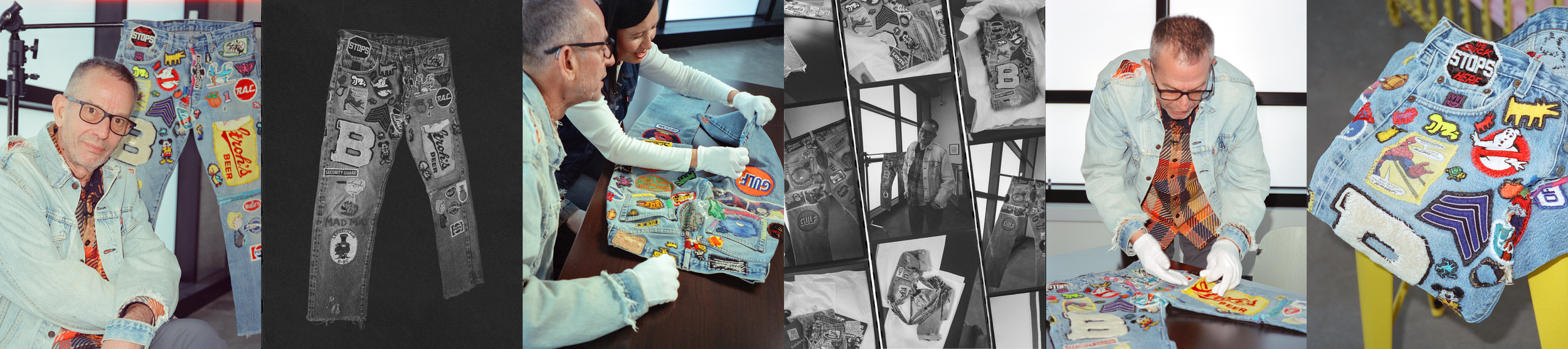 Man examining denim jacket with embroidered patches in an indoor setting, displays of patched jeans and jackets, two women involved in patchwork design, photos of patch details, and embroidered patches on fabric.