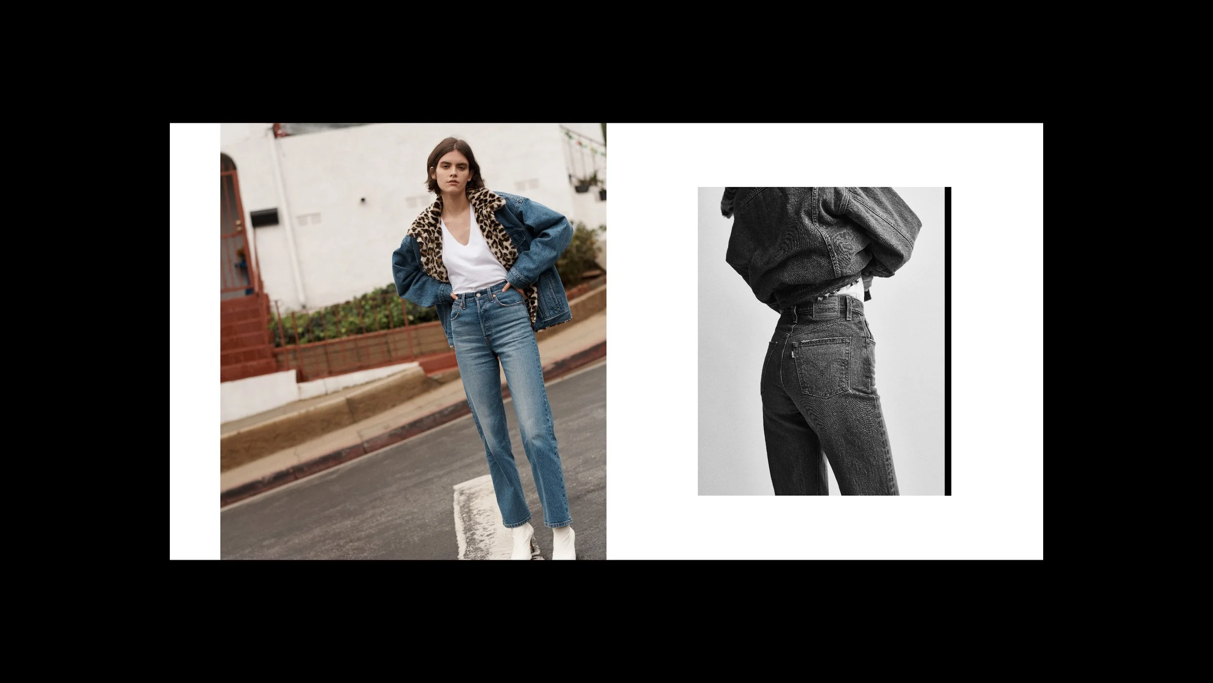 A collage with a woman standing outdoors on a street wearing a denim jacket with a leopard-print collar, a white t-shirt, and jeans, and a black-and-white close-up of a person in high-waisted jeans and a hoodie.