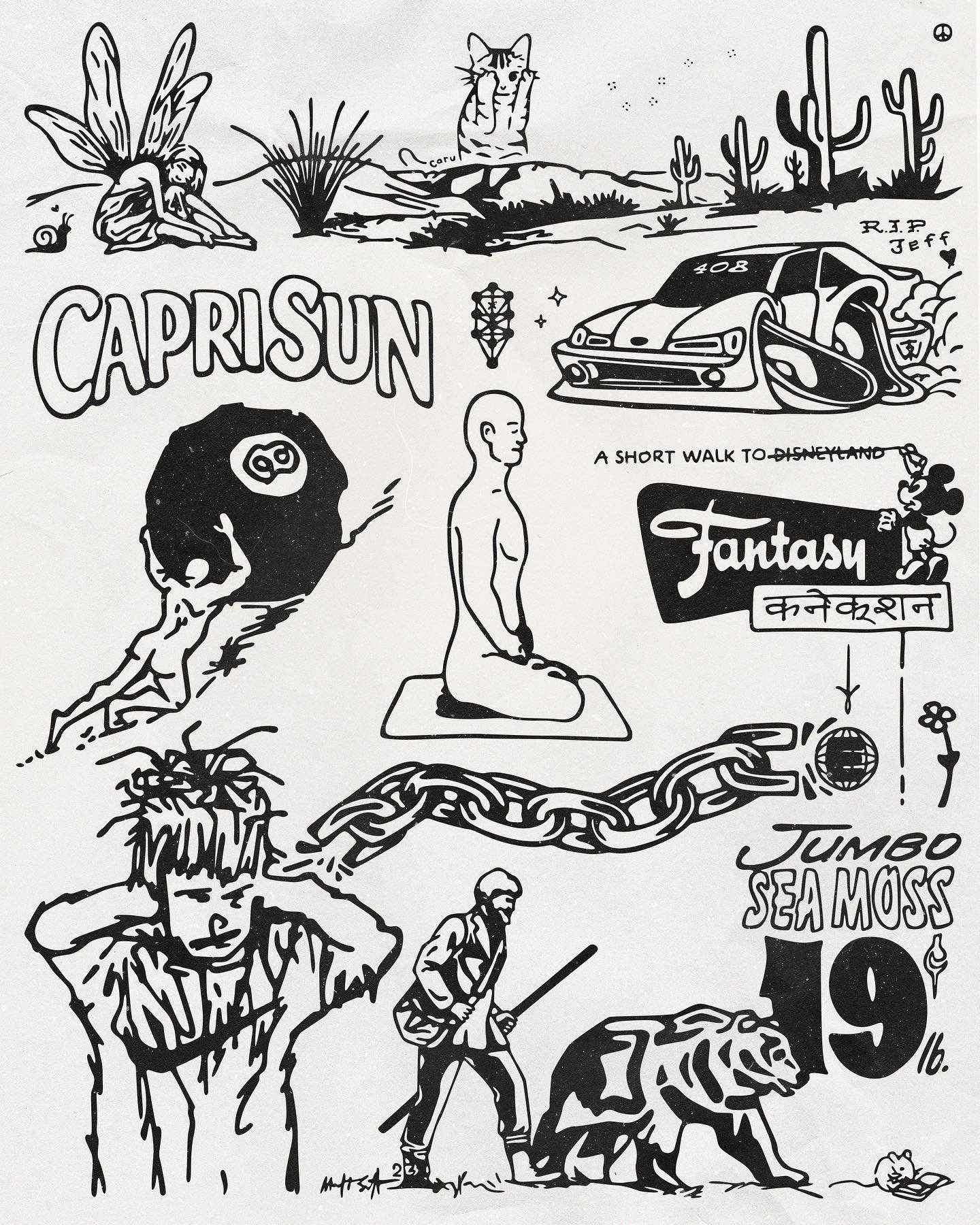 A collection of black and white illustrations including a fairy sitting, a tiger, cacti, a race car, a skeleton holding a globe, a man sitting in meditation, a sign with fantasy written on it, a chain, a skateboarder, a person walking, a plant, and a