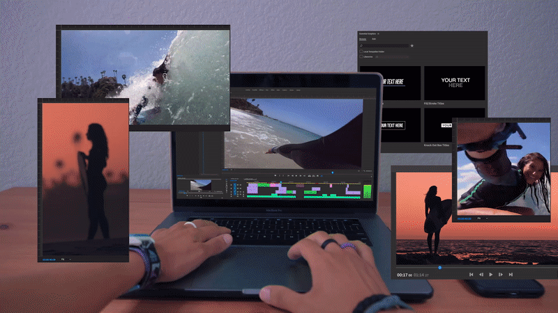 A person working on video editing using a laptop, with multiple screens displaying surf videos, a silhouette of a woman, a child, and a sunset scene.